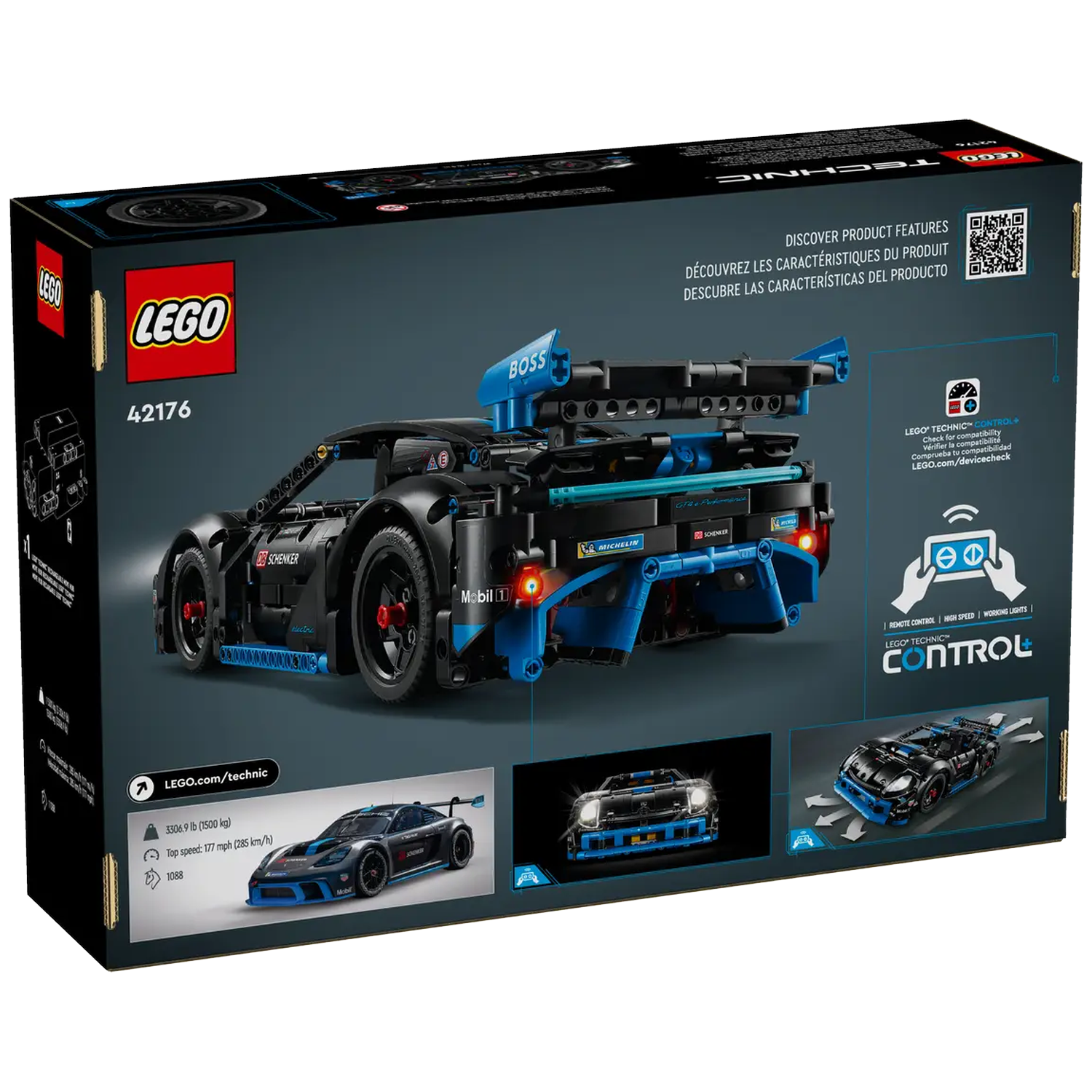 A Lego Technic box shows a black and blue race car model with the Lego logo and product details.