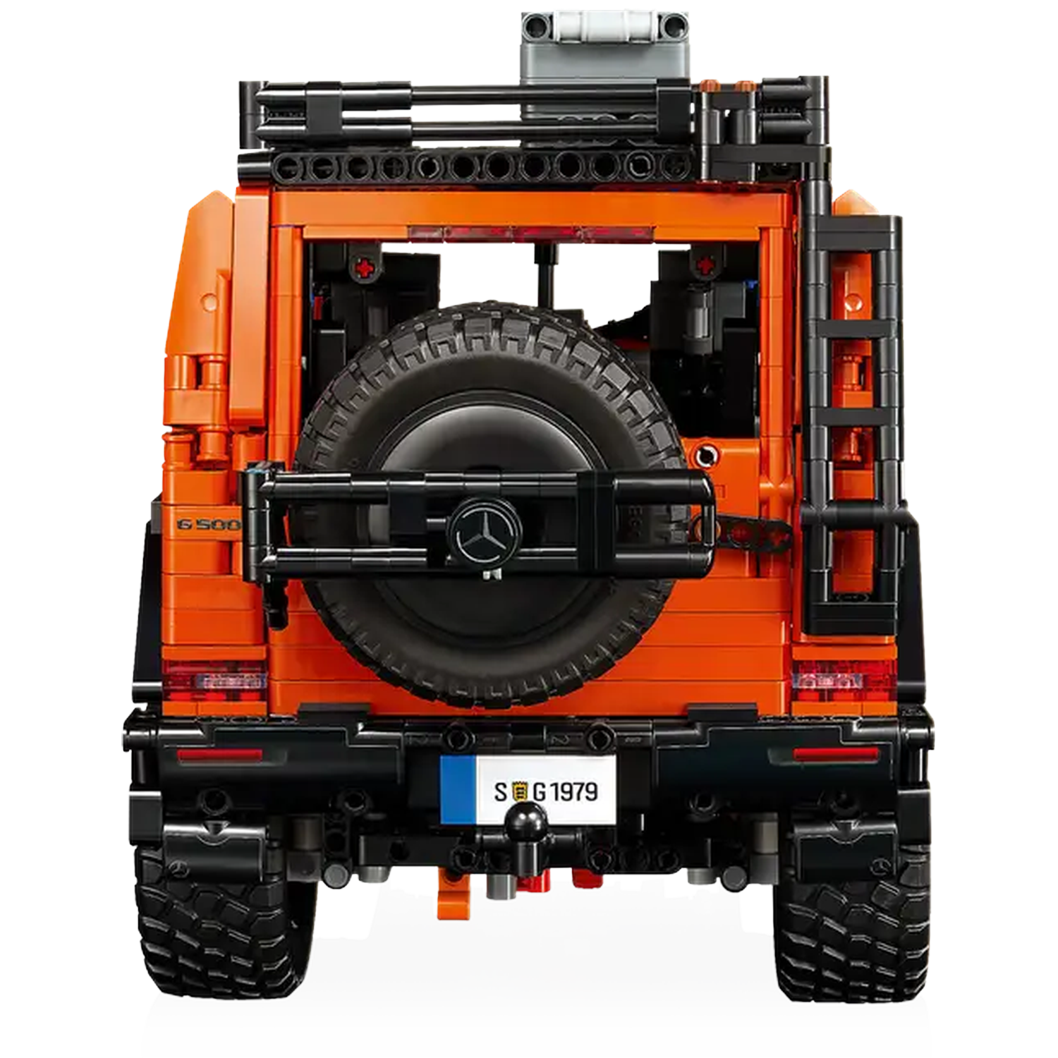 Rear view of an orange and black toy car. It has a spare tire, a ladder, and a roof rack. The license plate reads SG 1979.