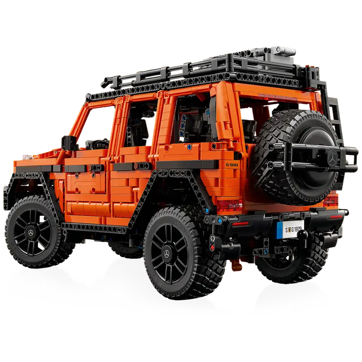 An orange Lego model of a Mercedes-Benz G-Wagon. It has black wheels, a roof rack, and a spare tire on the back.