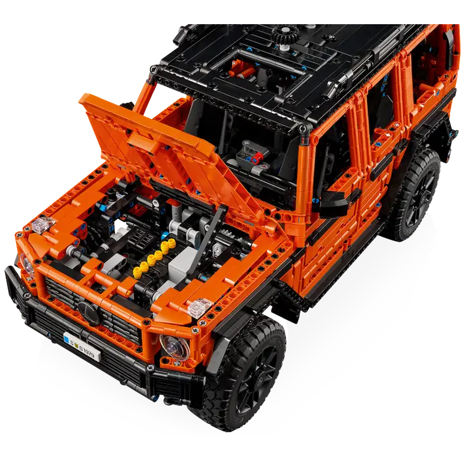 An orange and black Lego Technic model of a Mercedes-Benz G-Class SUV. The hood is open, revealing the engine components.