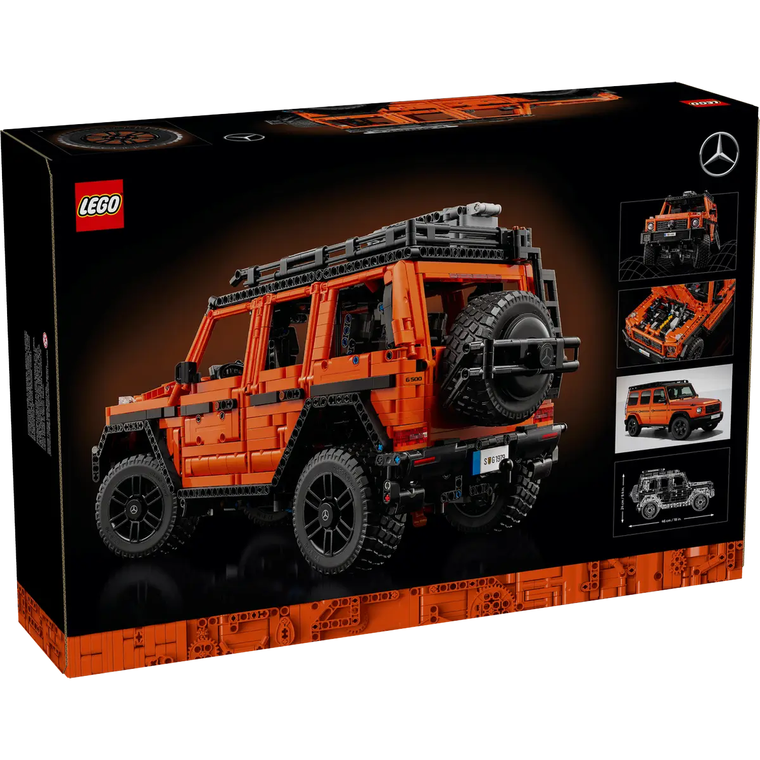 Lego box of an orange Mercedes-Benz G-Wagon. Black wheels and roof rack. Lego logo on the box, along with images of the car.