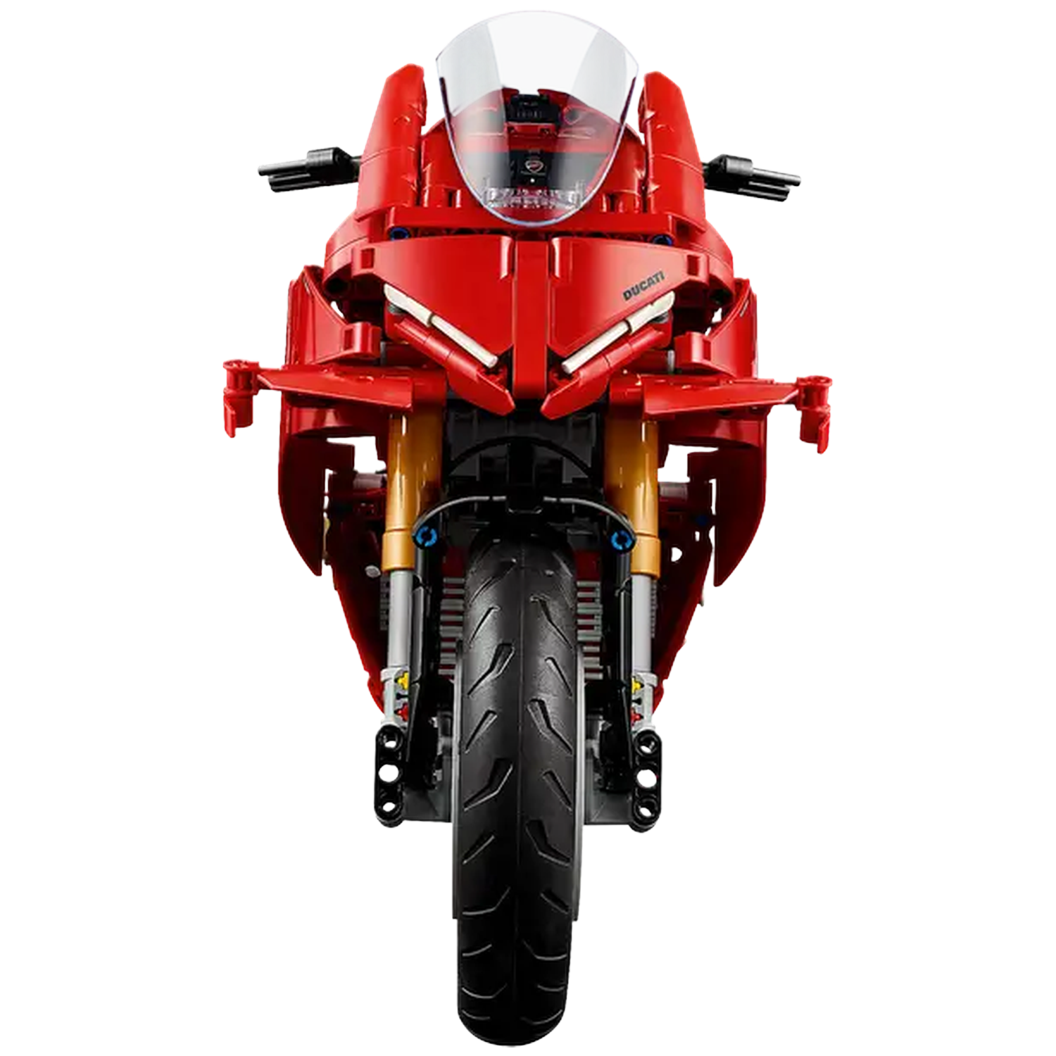 A red Ducati motorcycle toy, viewed head-on, with a black tire and a transparent windshield. The word Ducati is visible.