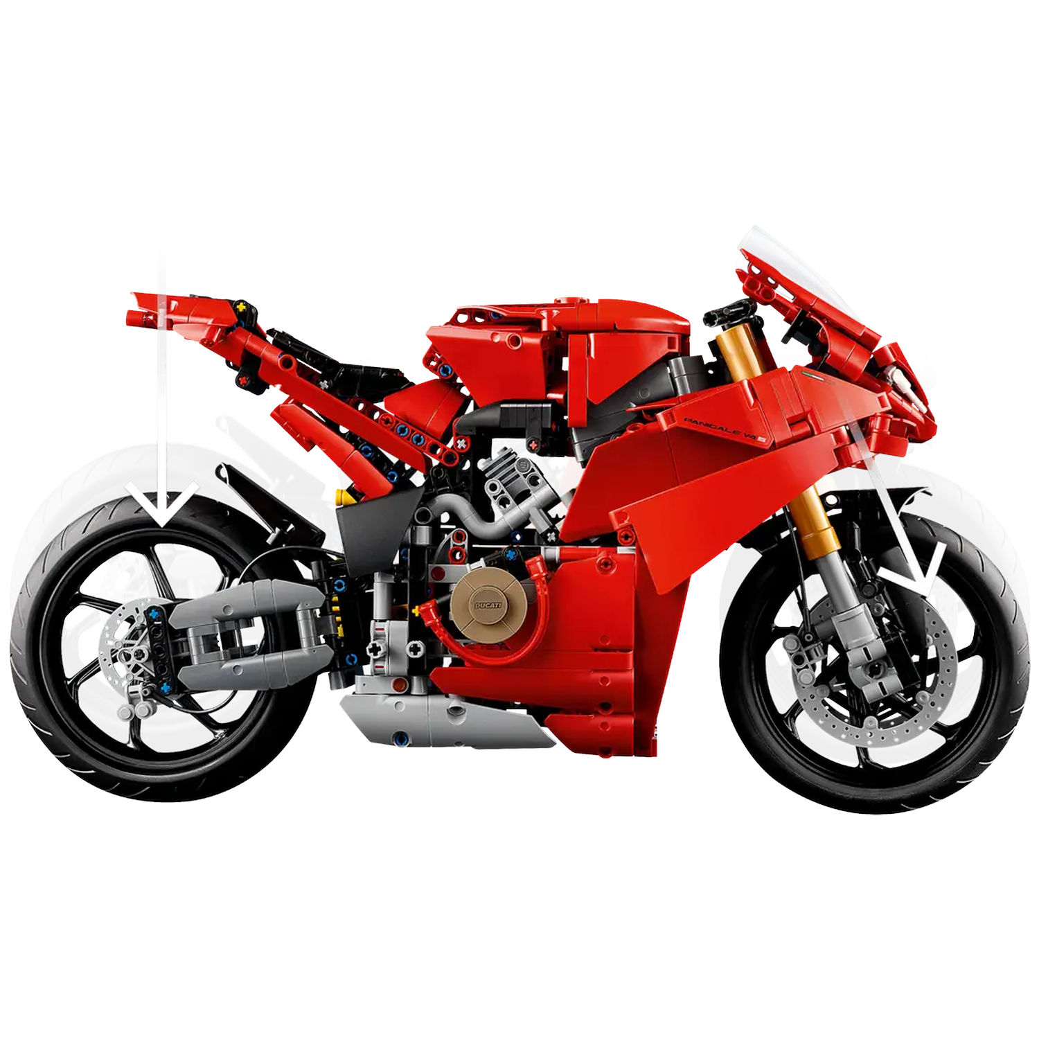 A red Lego motorcycle is seen from the side. It has black wheels, gold suspension, and a clear windshield. The background is white.