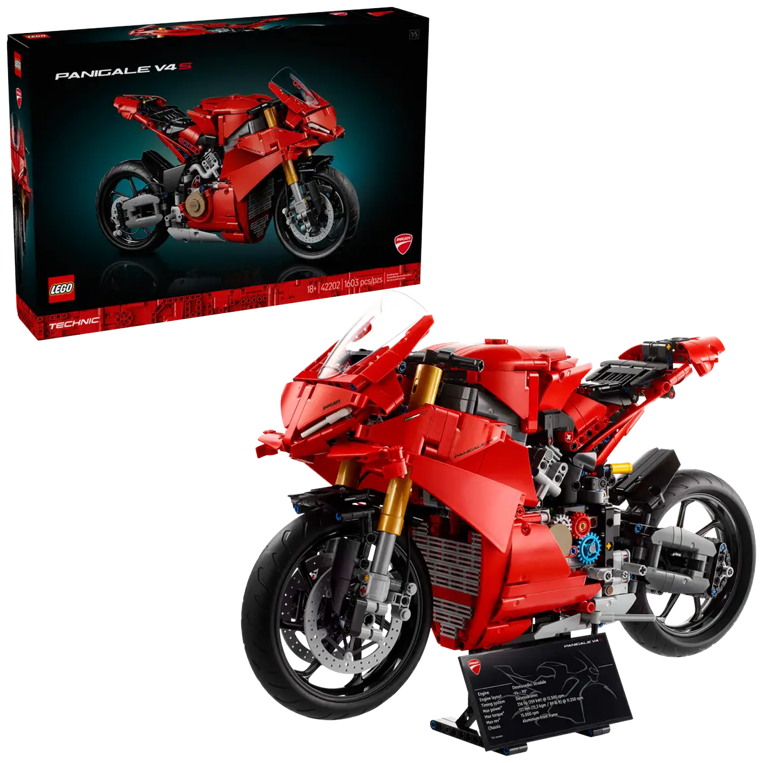 A red LEGO Ducati Panigale V4 S motorcycle model and its box are displayed. The model is detailed with black tires and gold shocks.