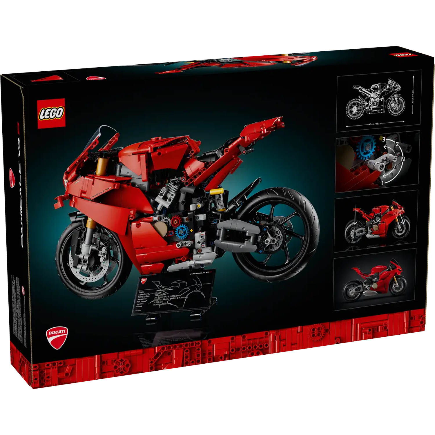 Lego Ducati Panigale V4 R box. Red motorcycle model on a black background. Box also shows details of the model and the Ducati logo.