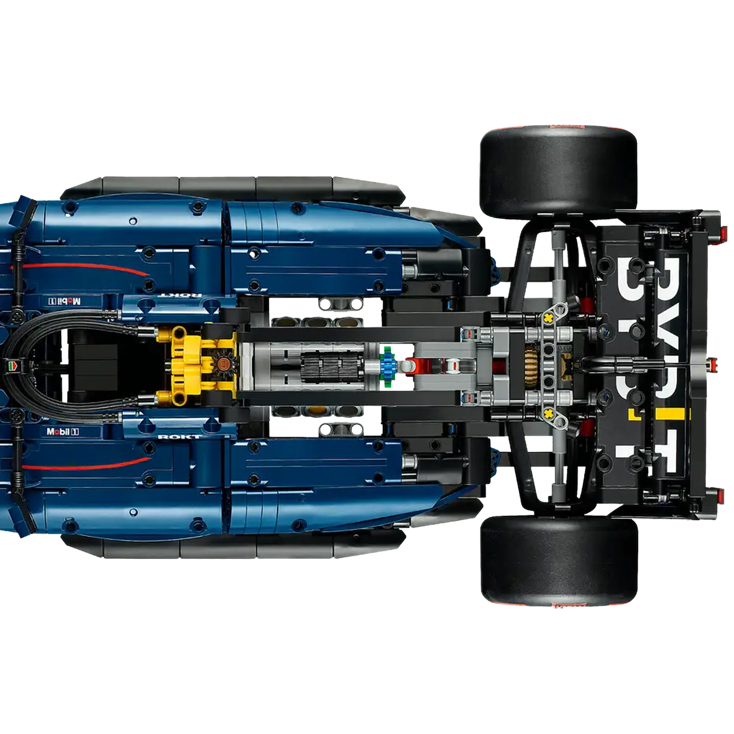 Bovenaanzicht van een blauw-zwarte Lego F1-auto. Zichtbaar zijn wielen, chassis, motordetails en sponsorlogo's.