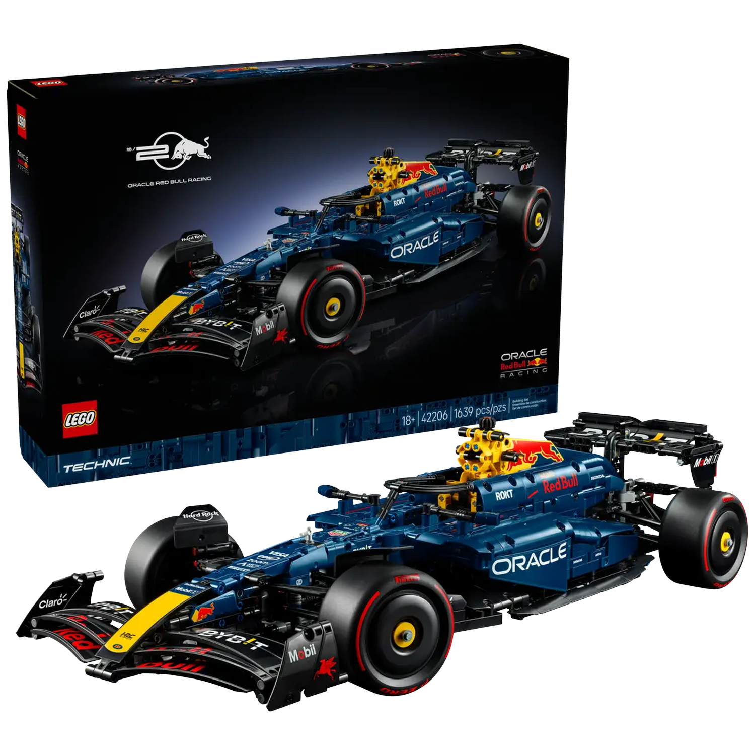 Een Lego Technic Red Bull raceauto en de doos. De auto is blauw, zwart en geel. De doos is zwart met de afbeelding van de auto.