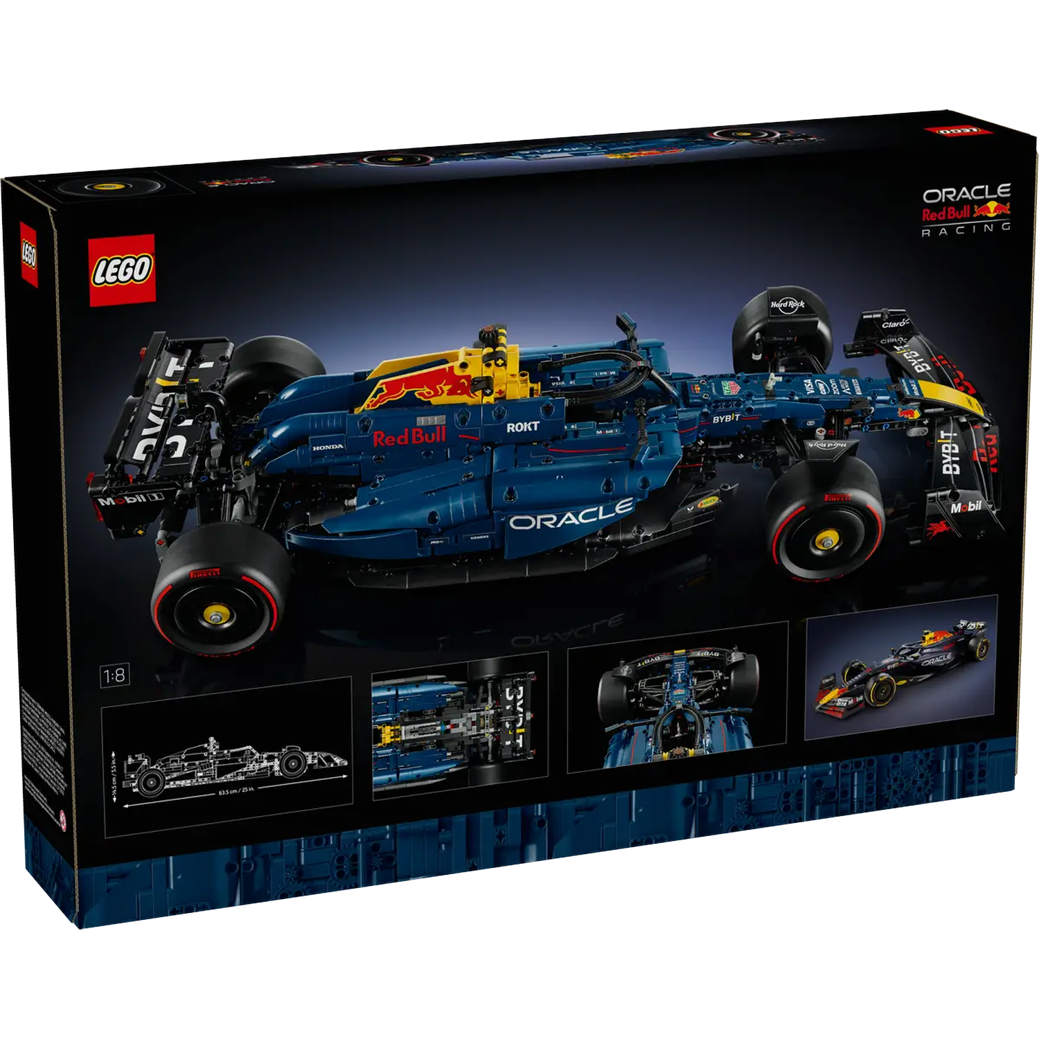 Doos van een Lego-set. Een blauw en gele Formule 1-auto staat op de doos, met sponsorlogo's.