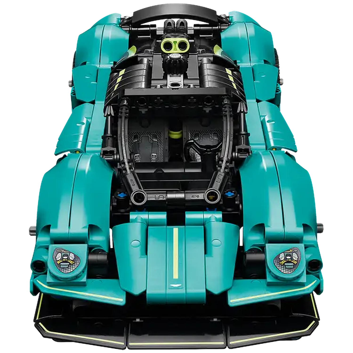A teal Lego car from a top-down view. It has black and yellow accents, with detailed headlights and a central engine component.