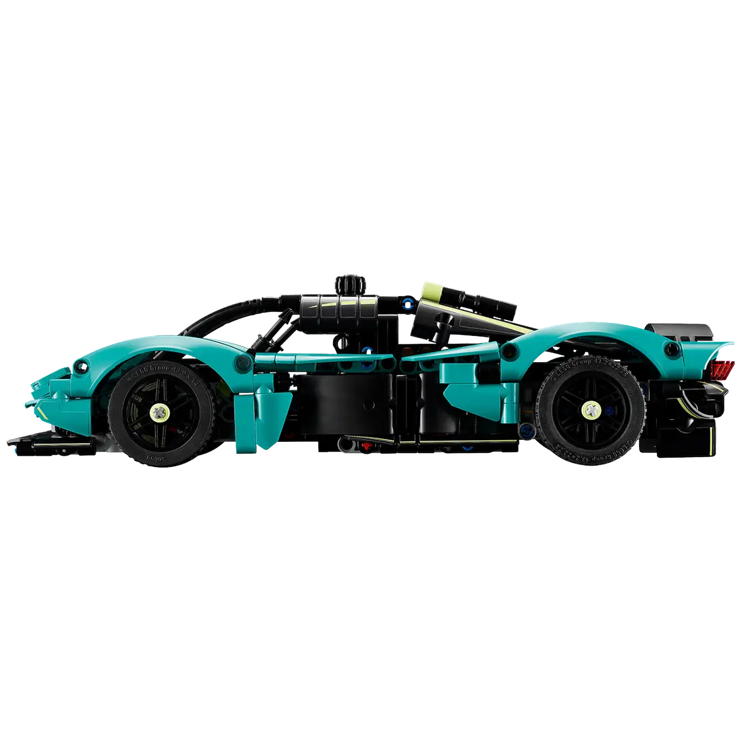 A teal Lego sports car model, side view. It has black wheels, accents, and a complex build. The background is white.
