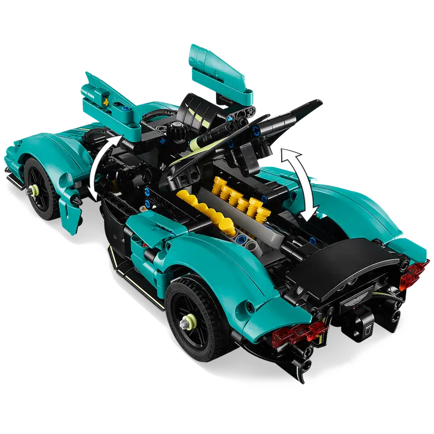A teal and black Lego sports car with open doors and engine cover, arrows indicating movement. Black wheels and yellow details.