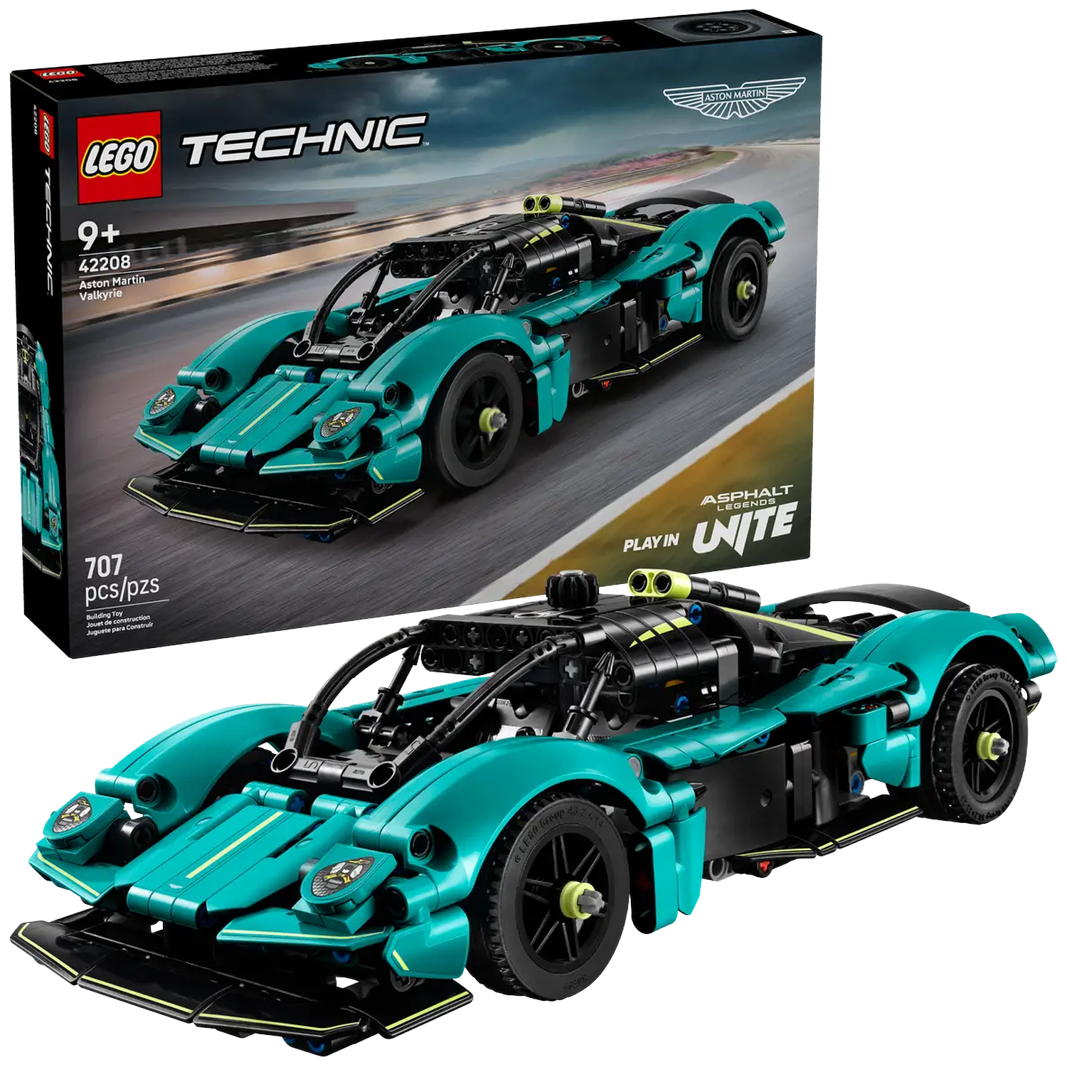 A Lego Technic Aston Martin Valkyrie model in teal and black, with a box showing the car on a racetrack.