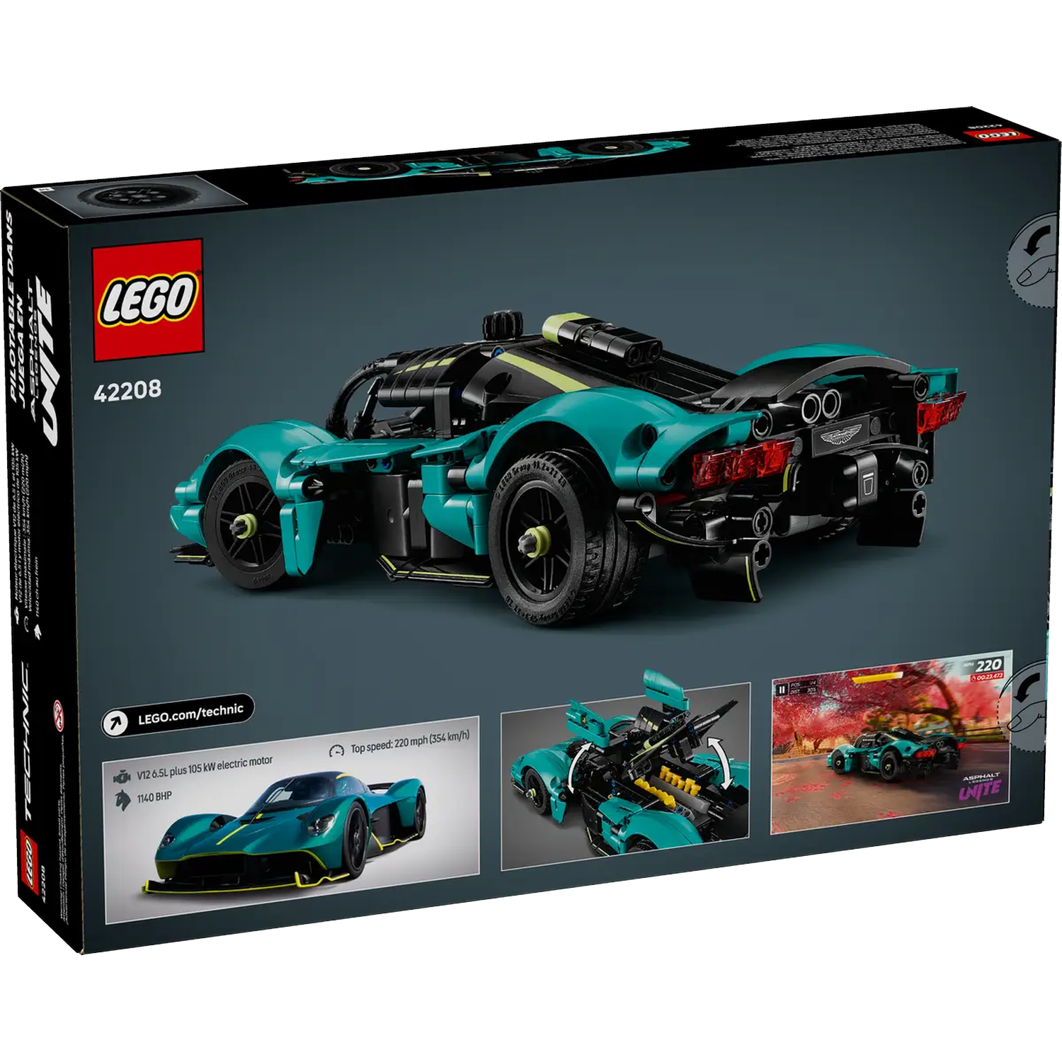 A Lego box shows a teal sports car model. It has black accents and the Lego logo. Additional images show car details and a racing scene.