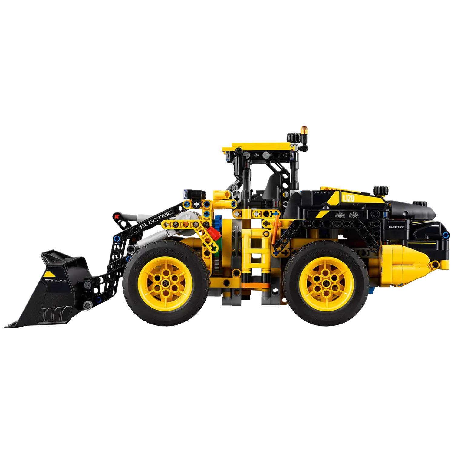 A Lego Technic yellow and black front loader. It has a black bucket, yellow wheels, and is labeled 'ELECTRIC'.