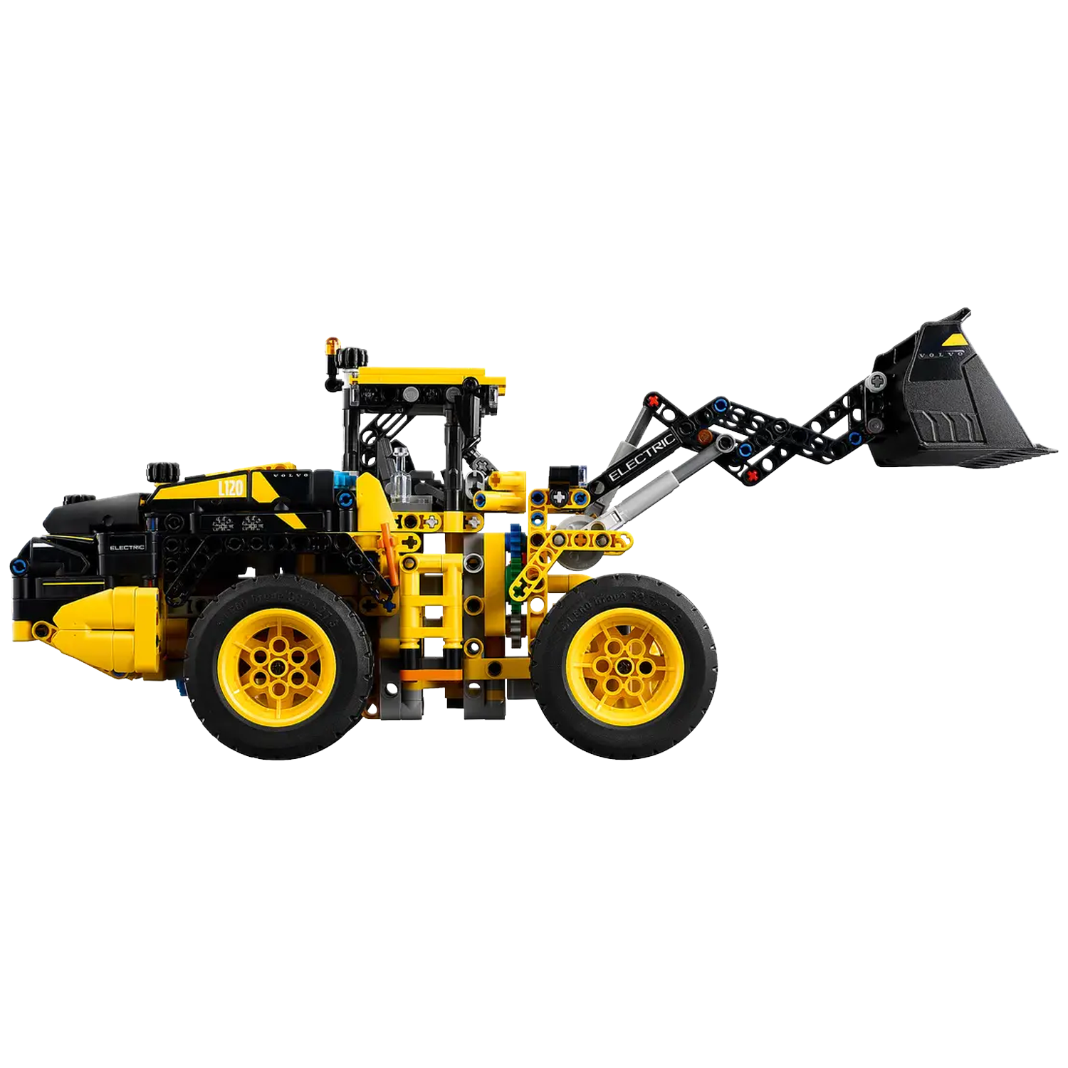 A Lego Technic Volvo L120H wheel loader is shown. It has yellow and black colors, with a front loader bucket. It has large wheels.