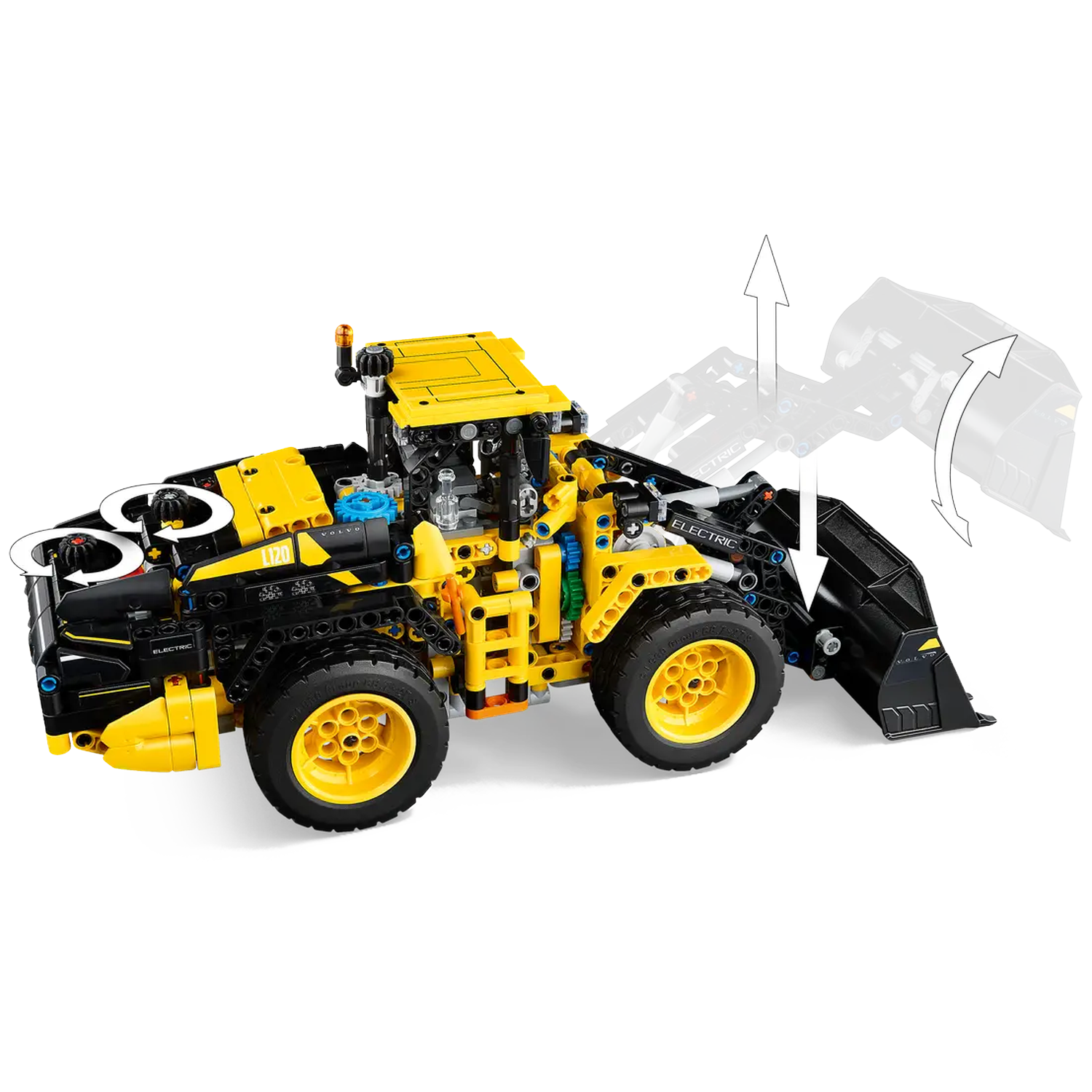 A yellow and black Lego construction vehicle with a lifting bucket. Arrows indicate movement. White background.