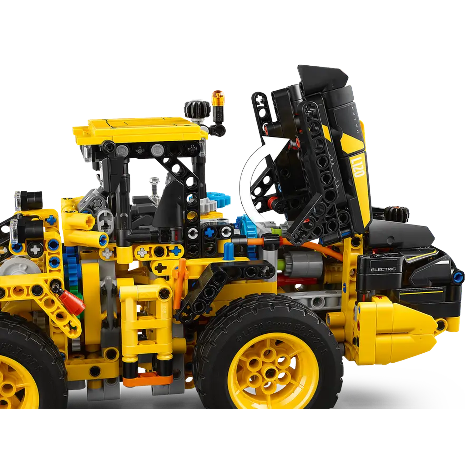 A yellow and black Lego Technic construction vehicle is displayed against a white background.