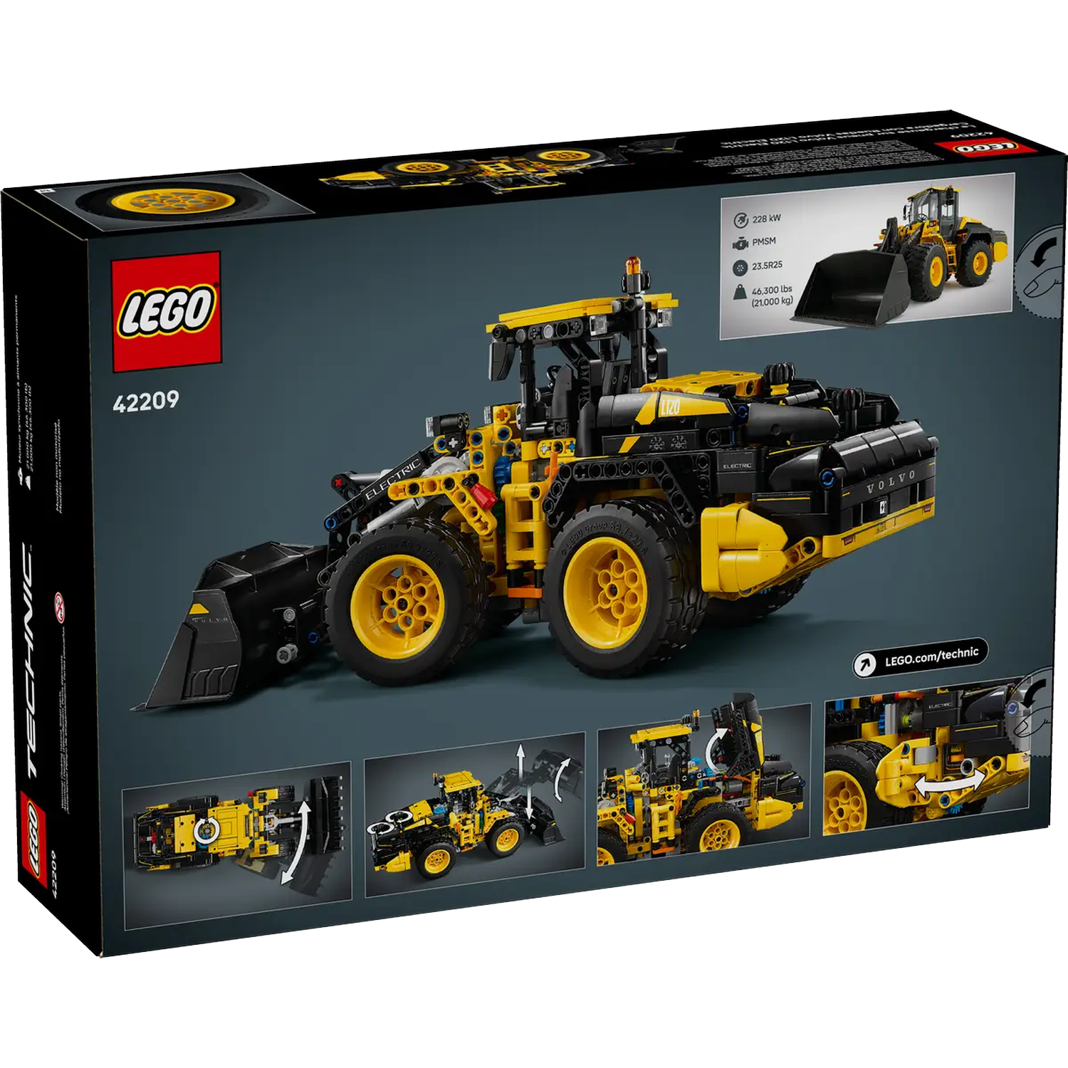 A Lego Technic box shows a yellow and black Volvo front loader. The box has Lego and Volvo branding, and technical specifications.