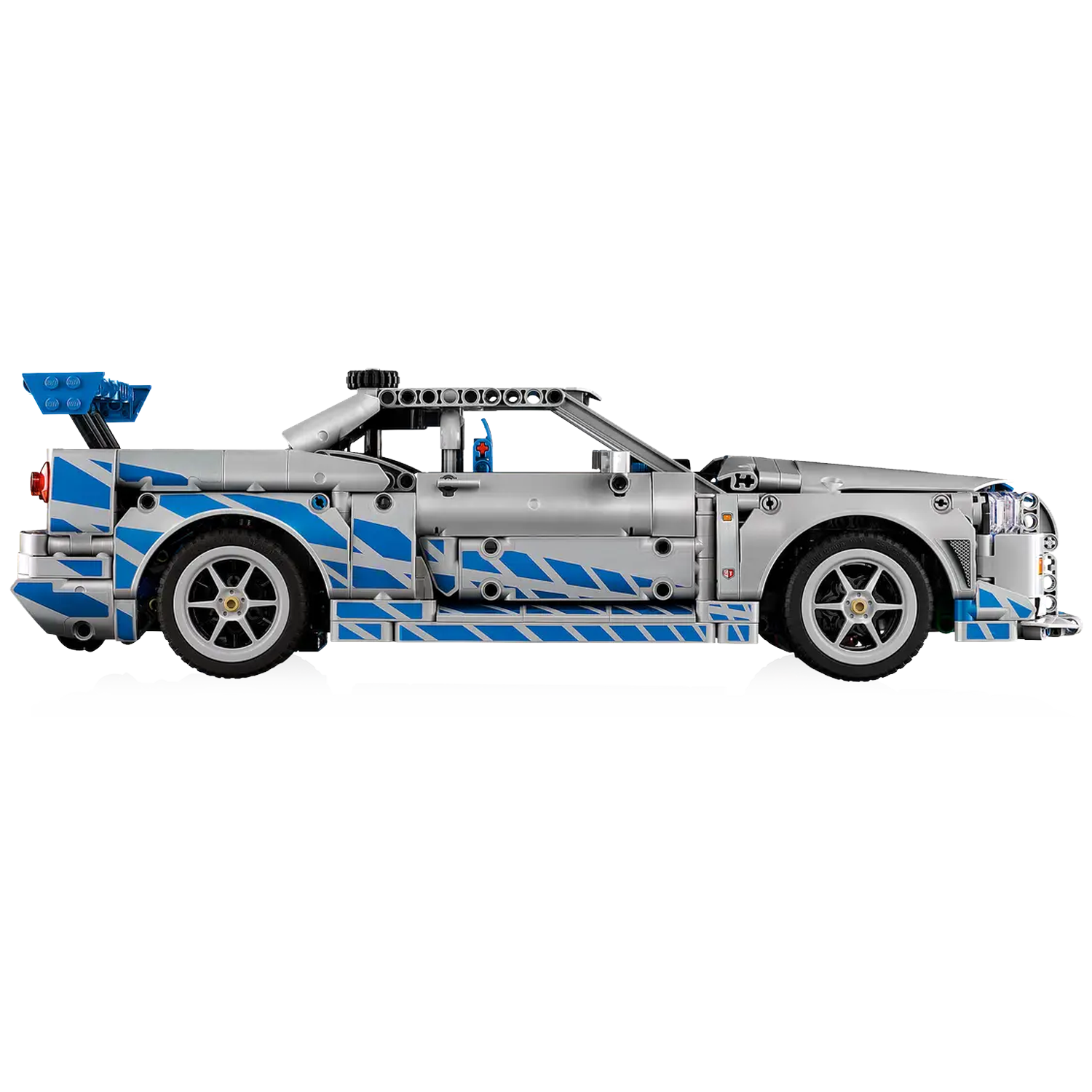 A silver Lego sports car with blue accents. Features include a spoiler, detailed wheels, and a sleek design against a white background.