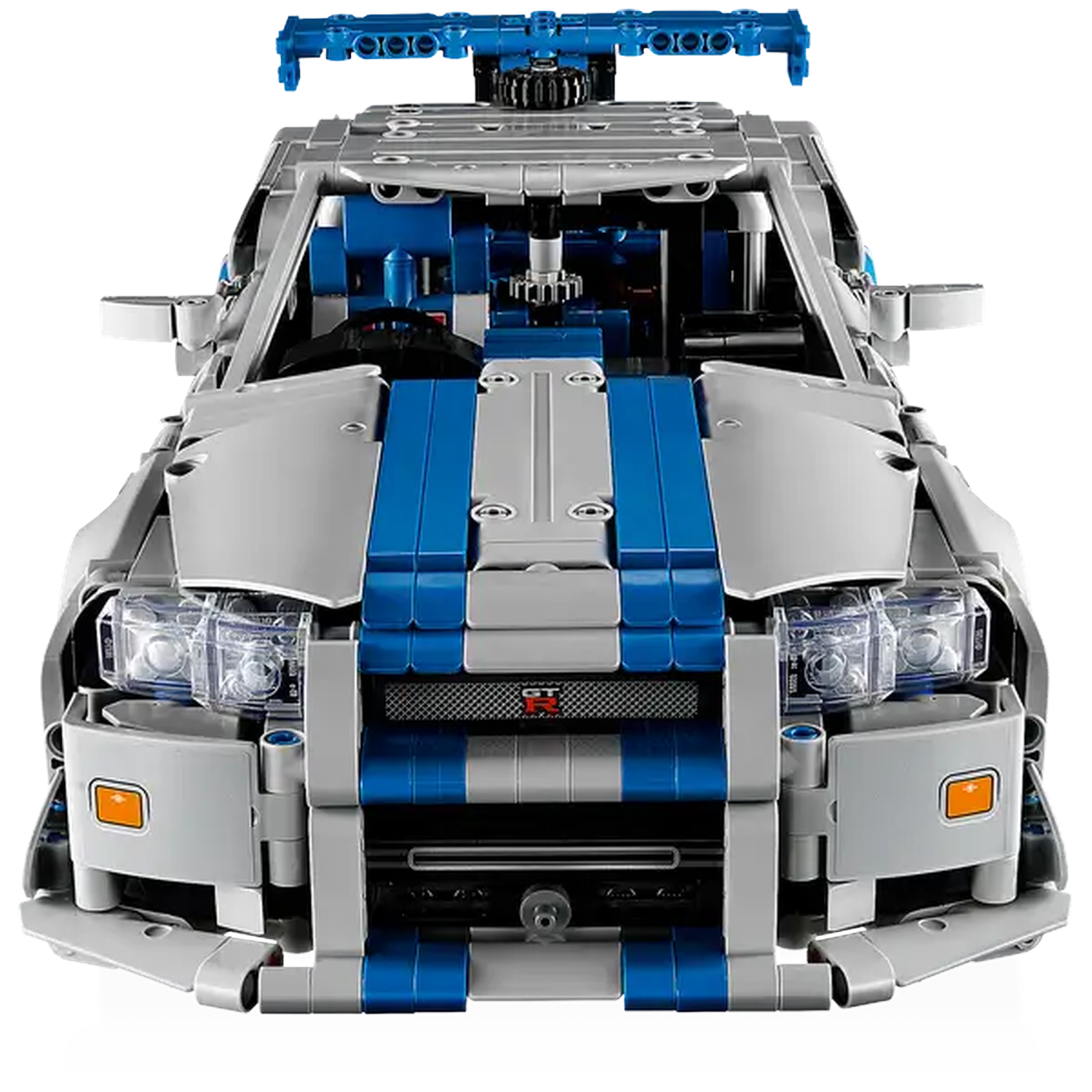 A Lego car model. It is gray and blue. The car has headlights, orange side lights, and a spoiler. The car is on a white background.