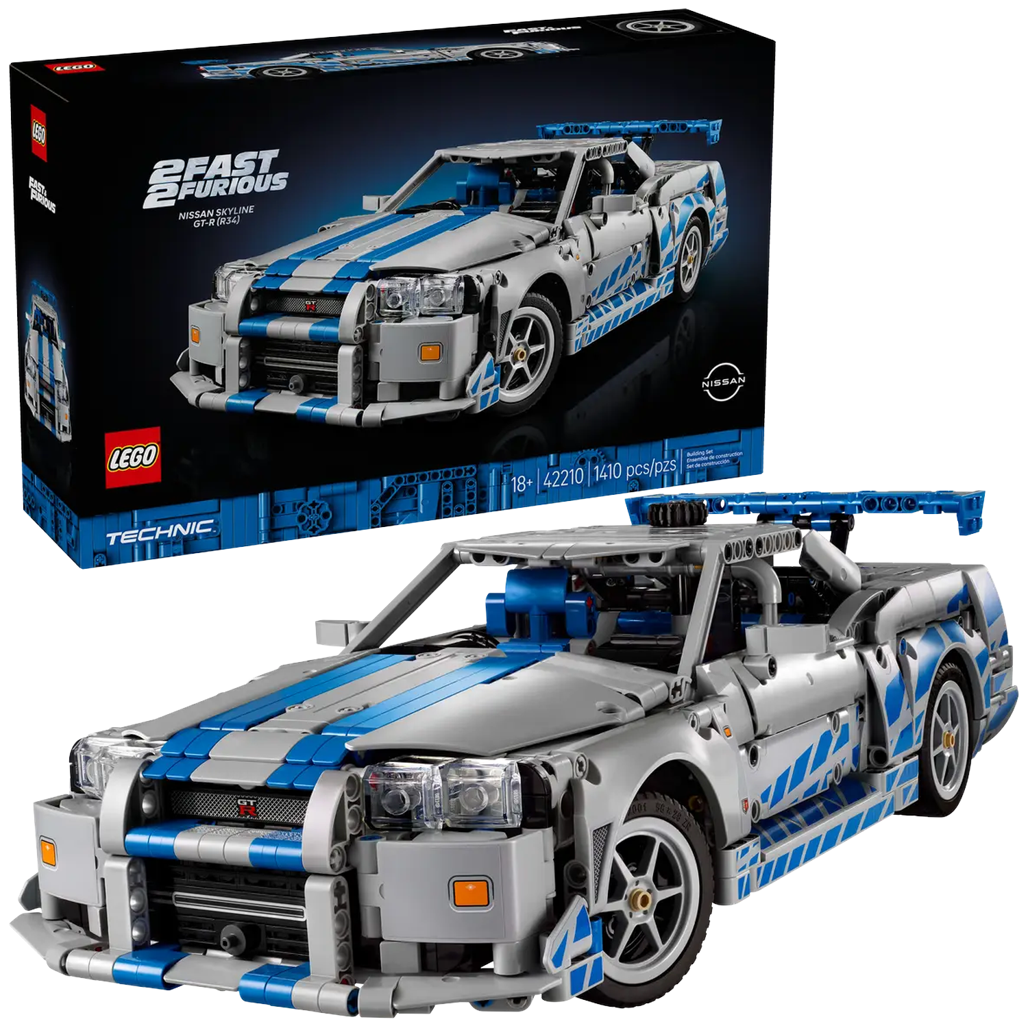 A Lego Technic set of a gray and blue Nissan Skyline GT-R (R34) car. The box is in the background.