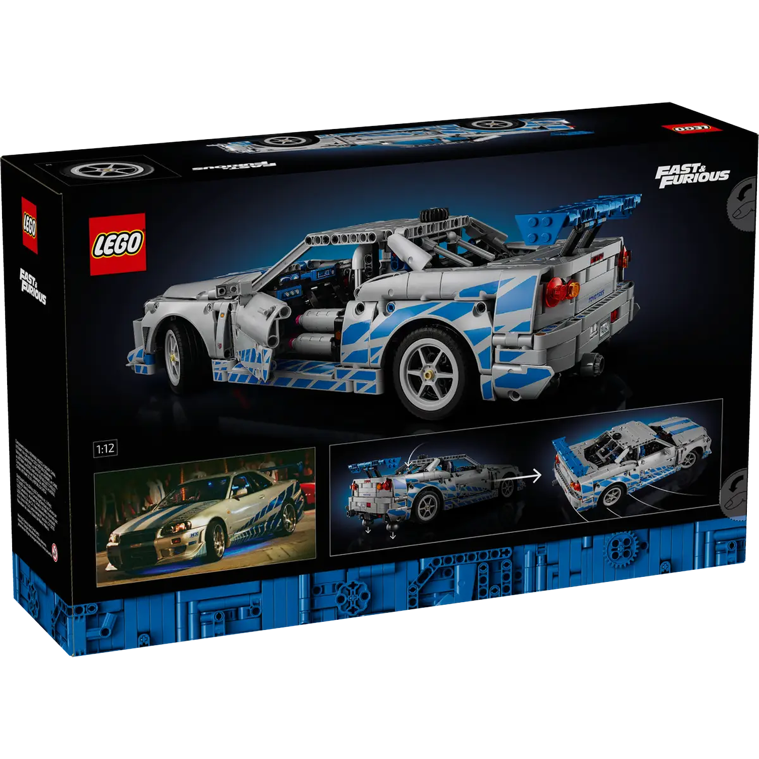Lego Fast & Furious car set box. The model car is grey and blue. The box has the Lego and Fast & Furious logos.