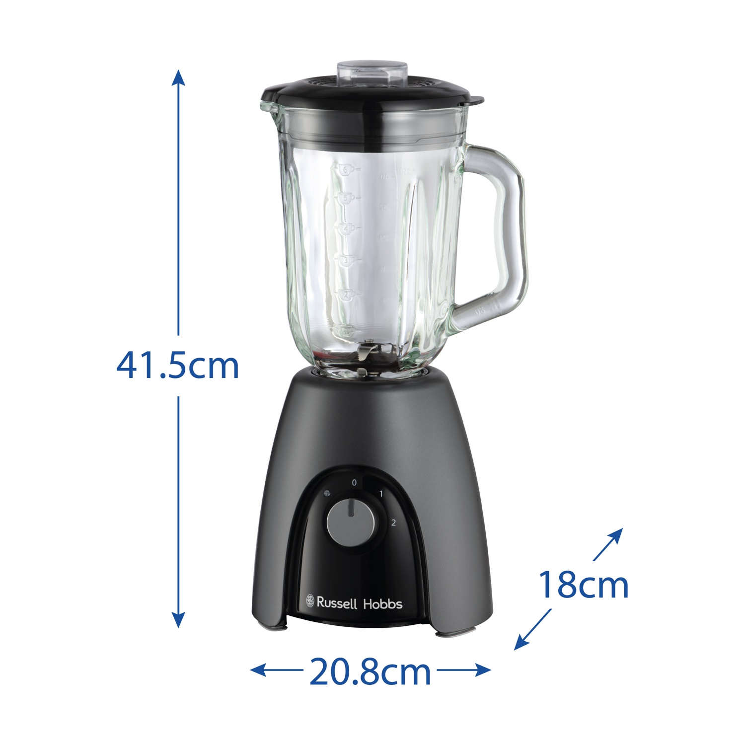 Un frullatore Russell Hobbs nero e in vetro. Le dimensioni sono indicate con frecce: 41,5 cm di altezza, 20,8 cm di larghezza e 18 cm di profondità.