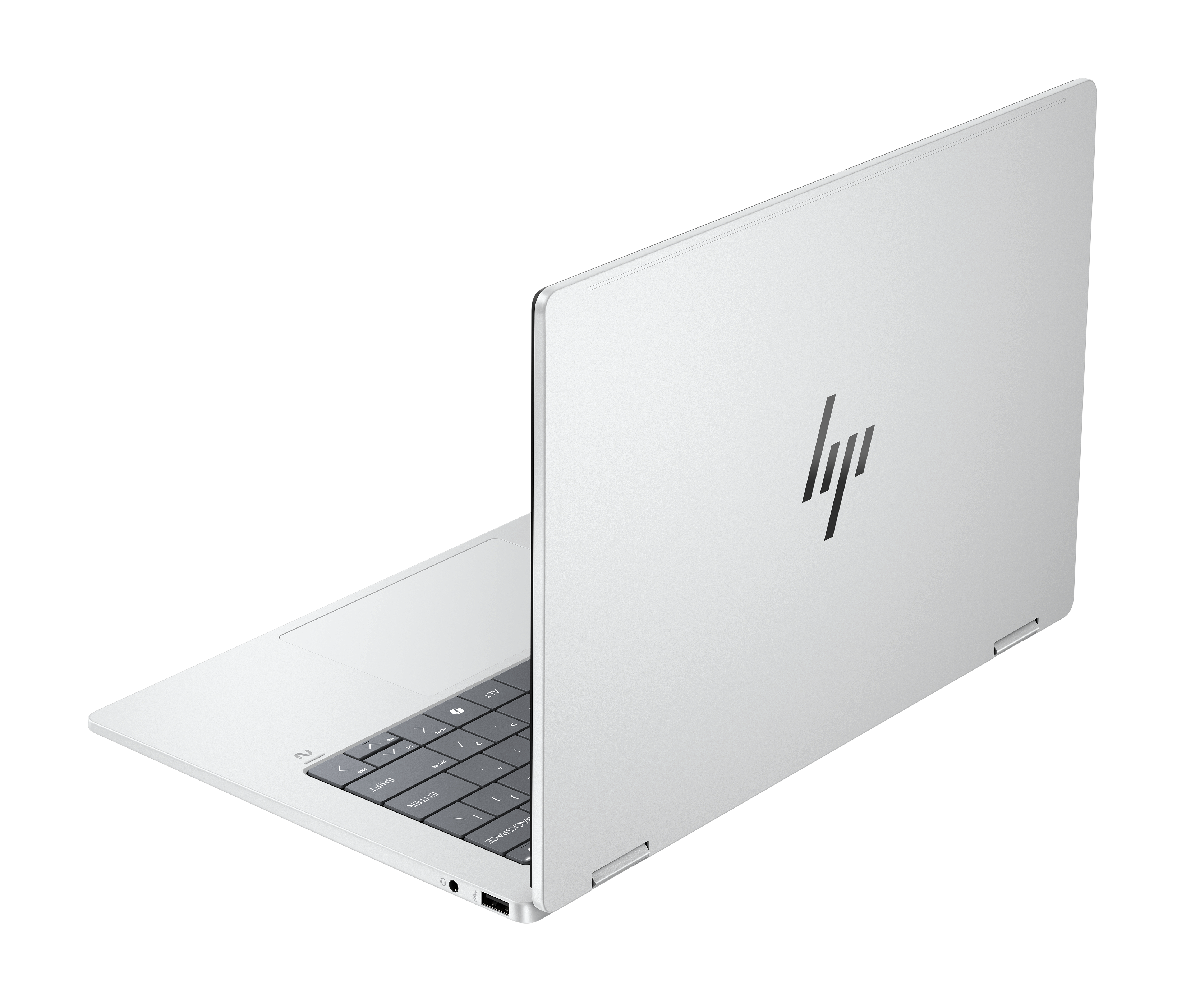 Biały laptop HP jest otwarty. Ekran jest podniesiony. Tło jest czarne.