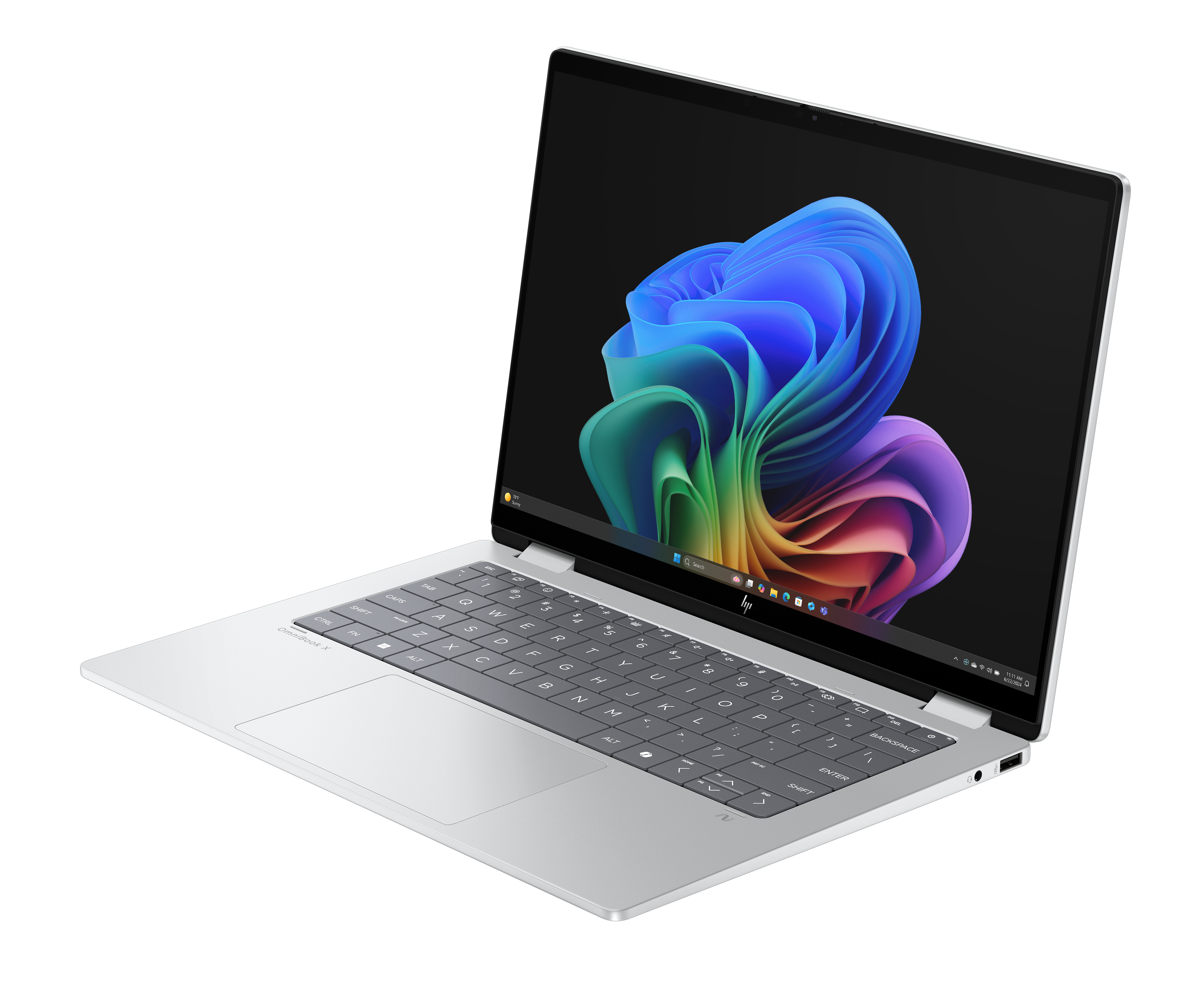 Silberner Laptop offen, mit farbenfrohem, abstraktem Hintergrund. Tastatur sichtbar, schwarzer Hintergrund.