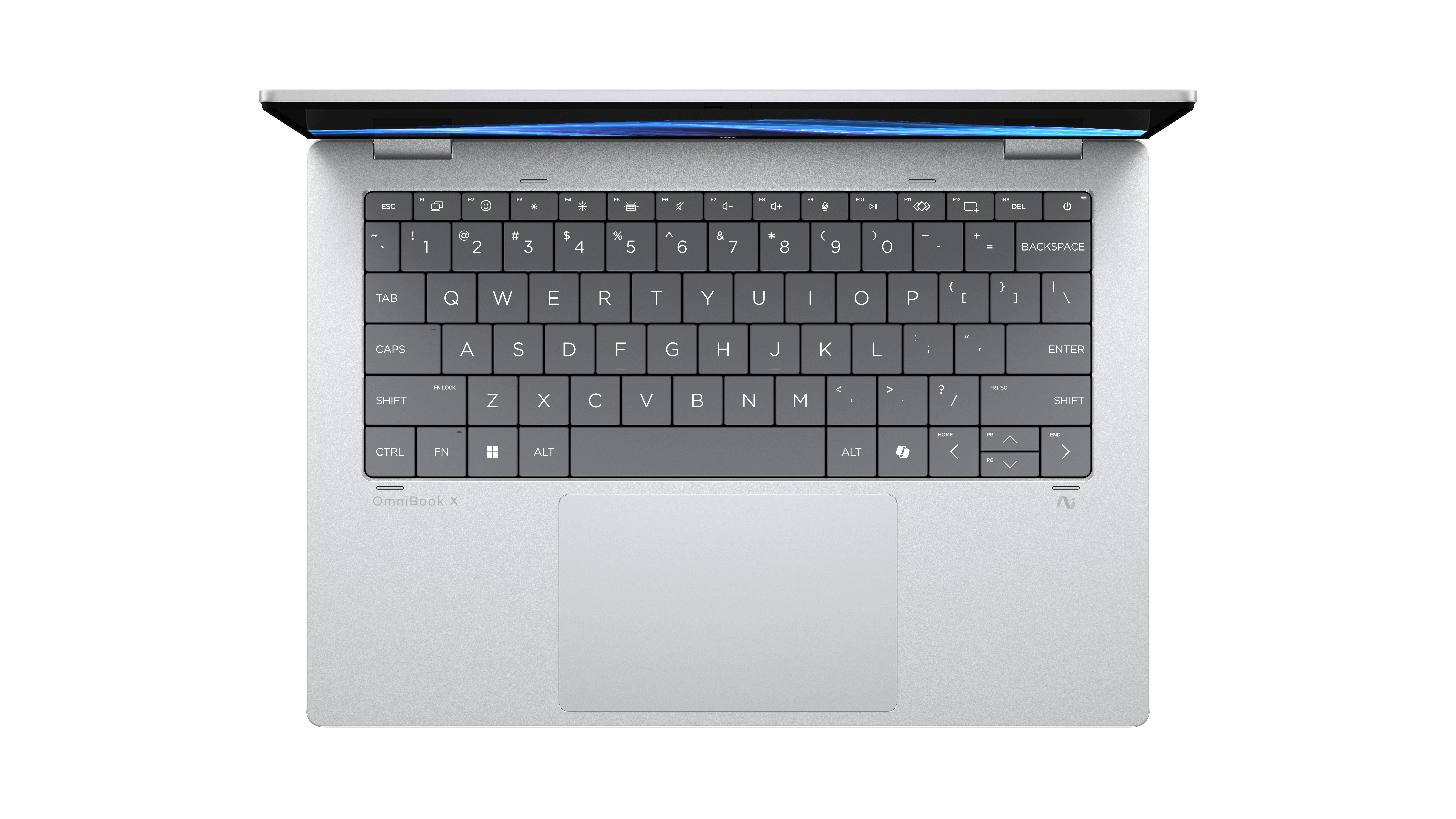 Draufsicht auf einen silbernen Laptop mit Tastatur, Touchpad und offenem Display vor schwarzem Hintergrund.