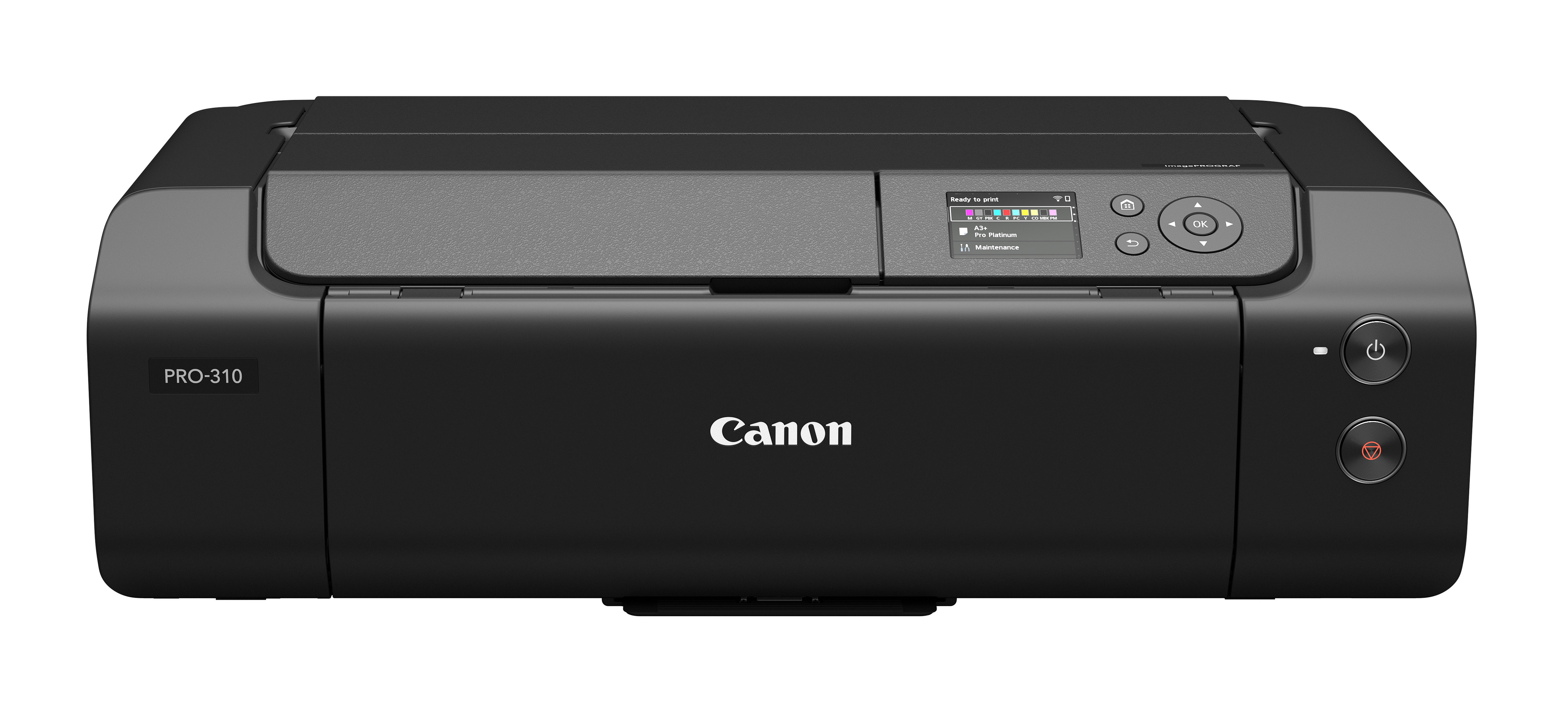 Ein schwarzer Canon PRO-310 Drucker. Er hat ein Display, Steuertasten und Power-Tasten. Das Canon-Logo ist sichtbar.