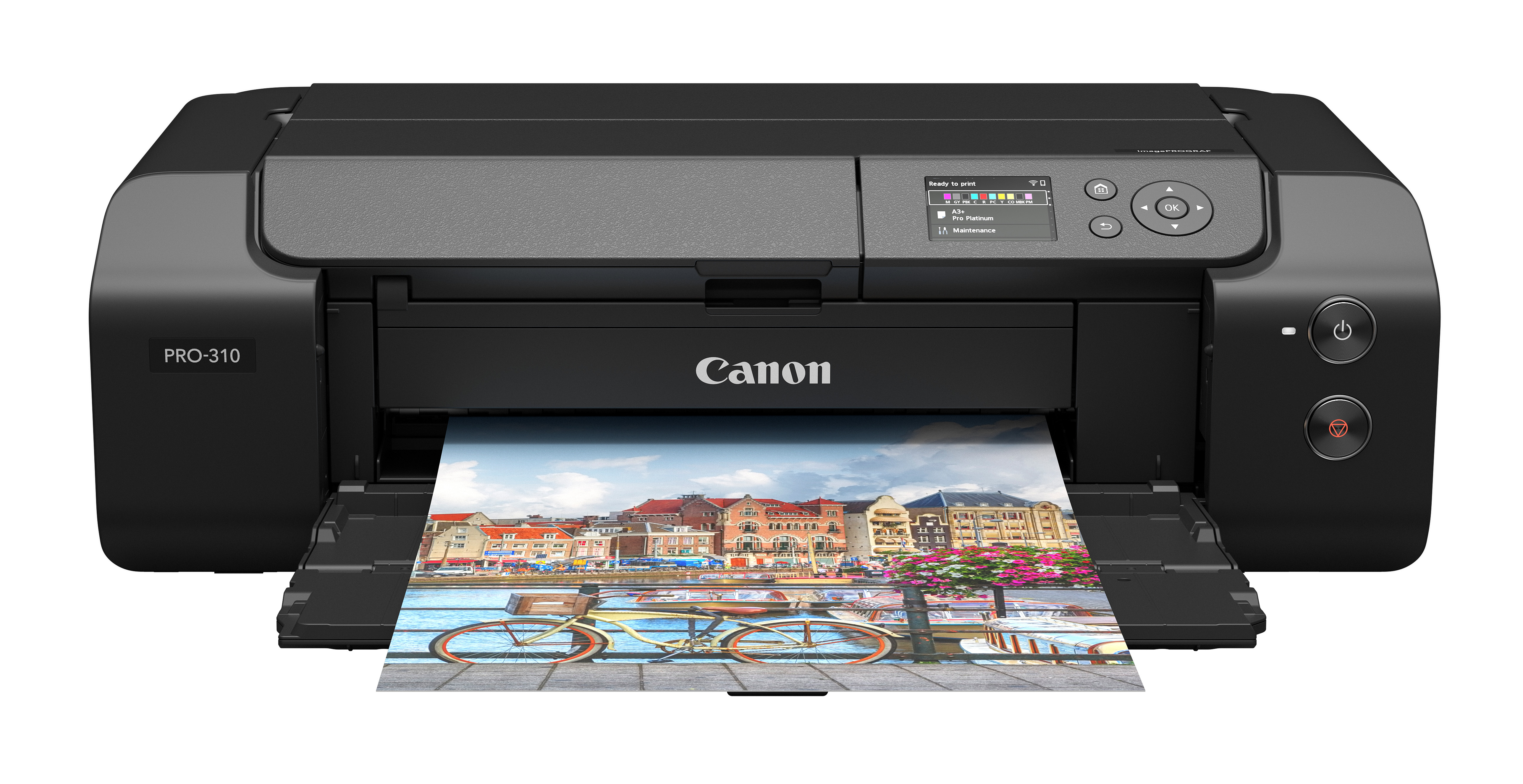 Ein schwarzer Canon PRO-310 Drucker druckt ein Foto einer Stadtlandschaft mit Fahrrädern. Der Drucker hat ein Display.