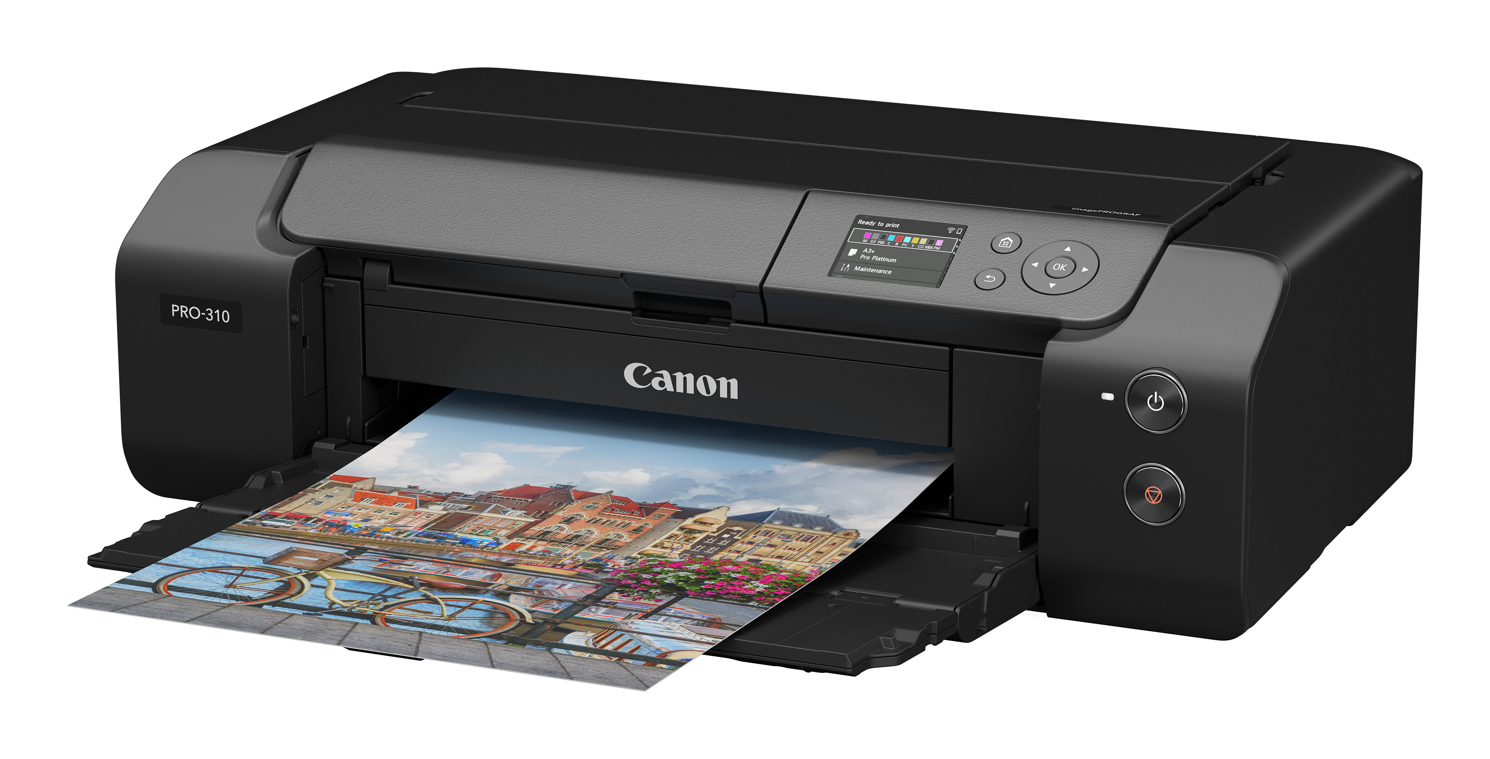 Ein schwarzer Canon PRO-310 Drucker druckt ein Bild einer Stadt mit Fahrrädern auf einer Brücke. Der Drucker hat einen Bildschirm.