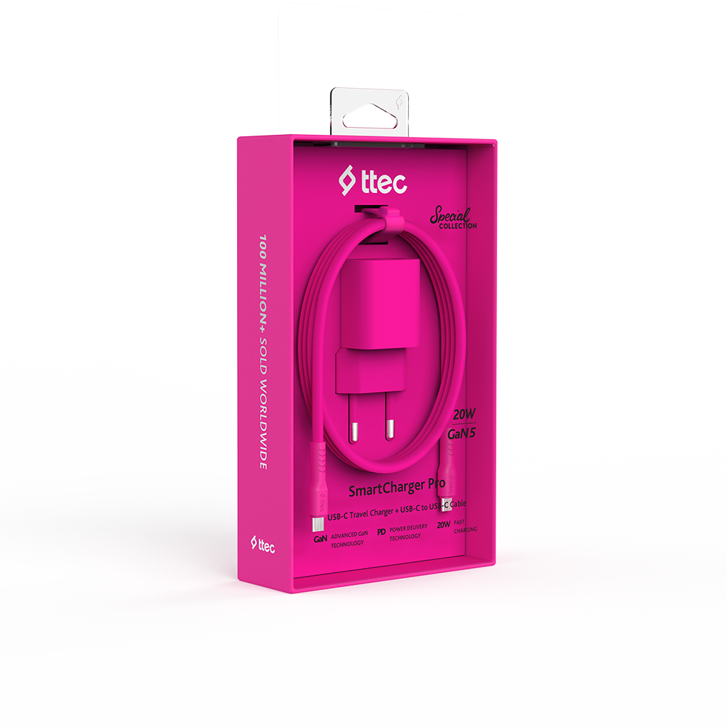 Pembe bir SmartCharger Pro, kablo ve şarj cihazı ile pembe bir kutu içinde. Kutuda 'ttec' markası ve 'Special Collection' yazısı bulunmaktadır.