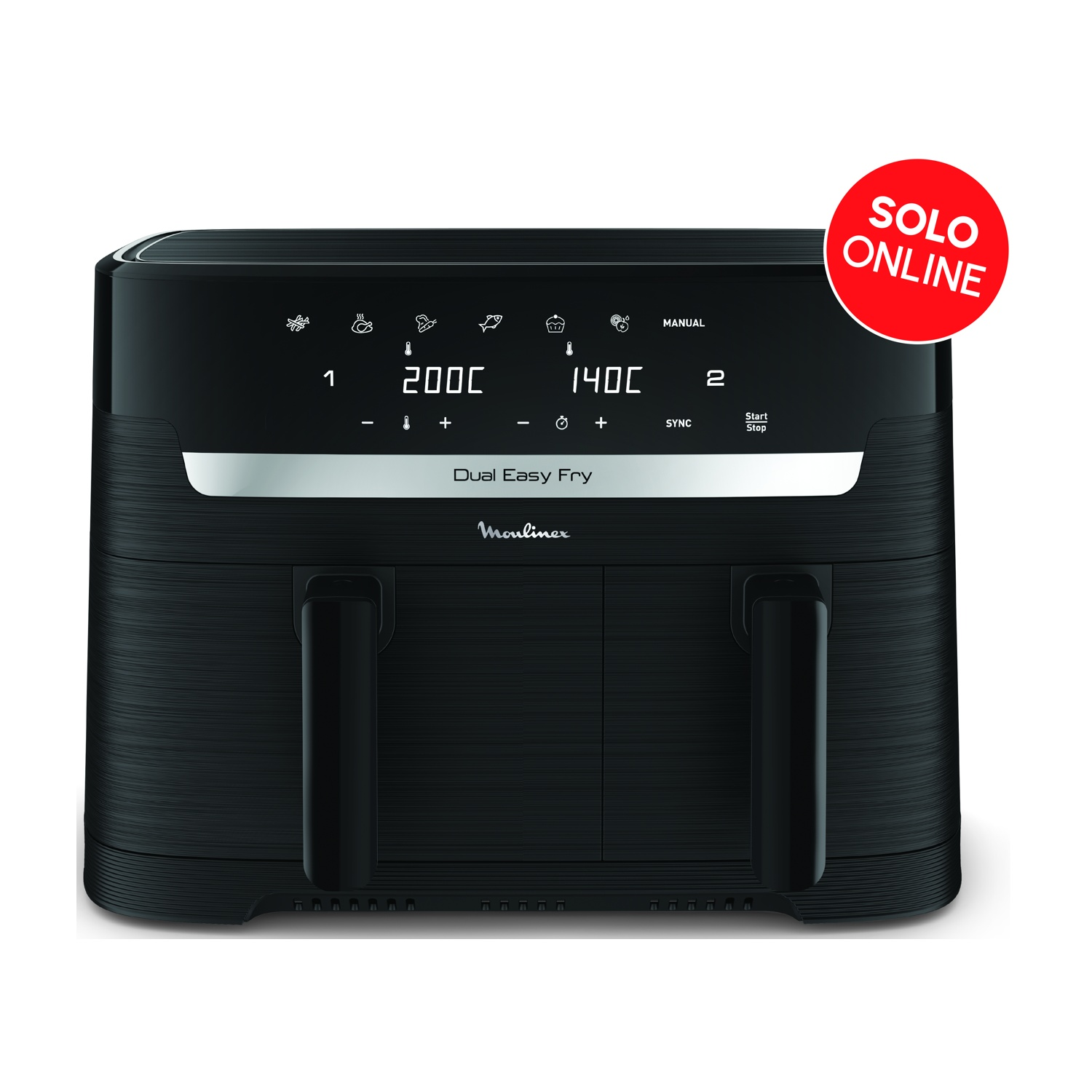 Friggitrice ad aria nera Moulinex Dual Easy Fry. Ha un display digitale, due maniglie e un adesivo rosso 'Solo Online'.