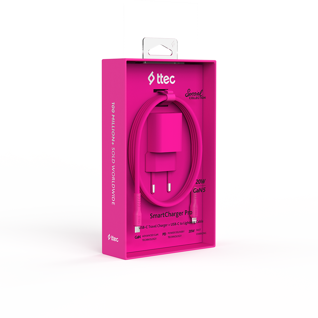 İçinde şarj cihazı ve kablo bulunan pembe bir ttec şarj cihazı kutusu. Metin, SmartCharger Pro, 20W GaN5 ve dünya çapında 100 milyondan fazla satıldı diyor.
