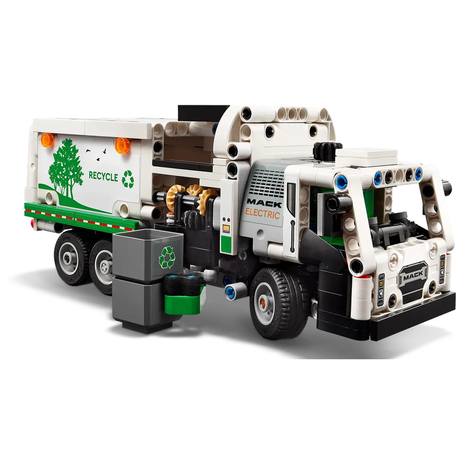 A white and grey Lego garbage truck with recycling symbols and labels. It has a green and white design and the word "MACK ELECTRIC".