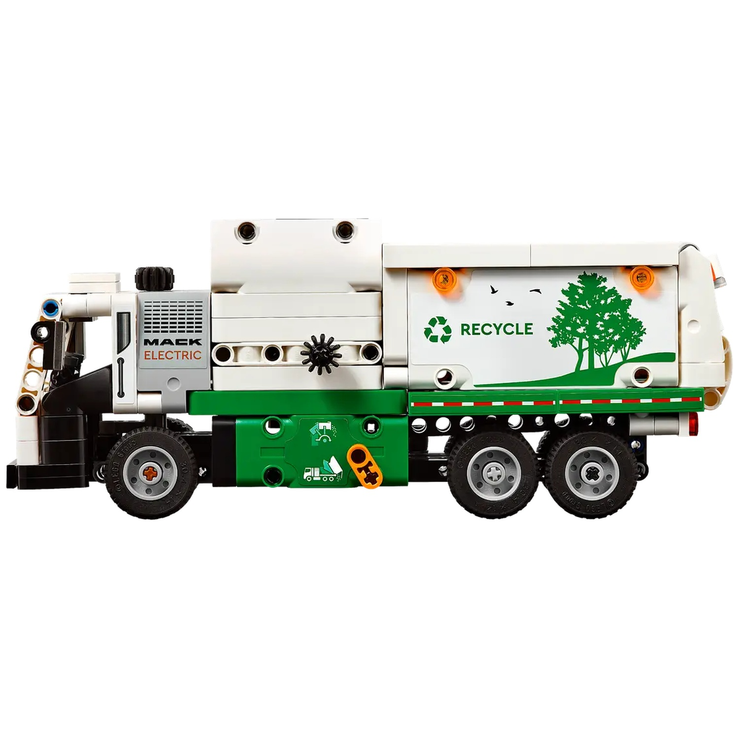 A white and green toy garbage truck with the word "Recycle" and a tree design on the side. It has black wheels.