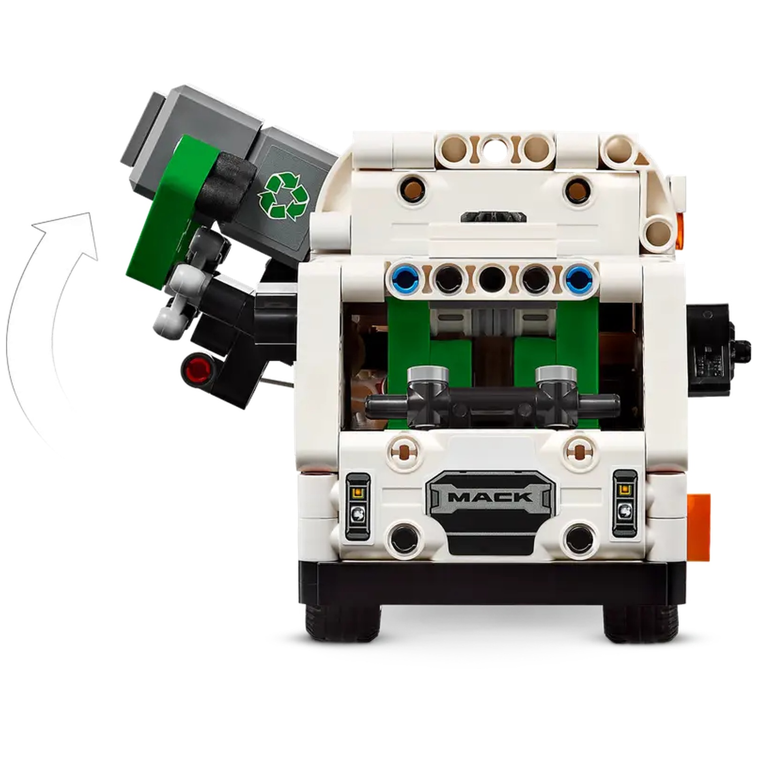 A white Lego garbage truck model with a gray trash bin. The bin has a green flap and a recycling symbol. The truck says MACK.