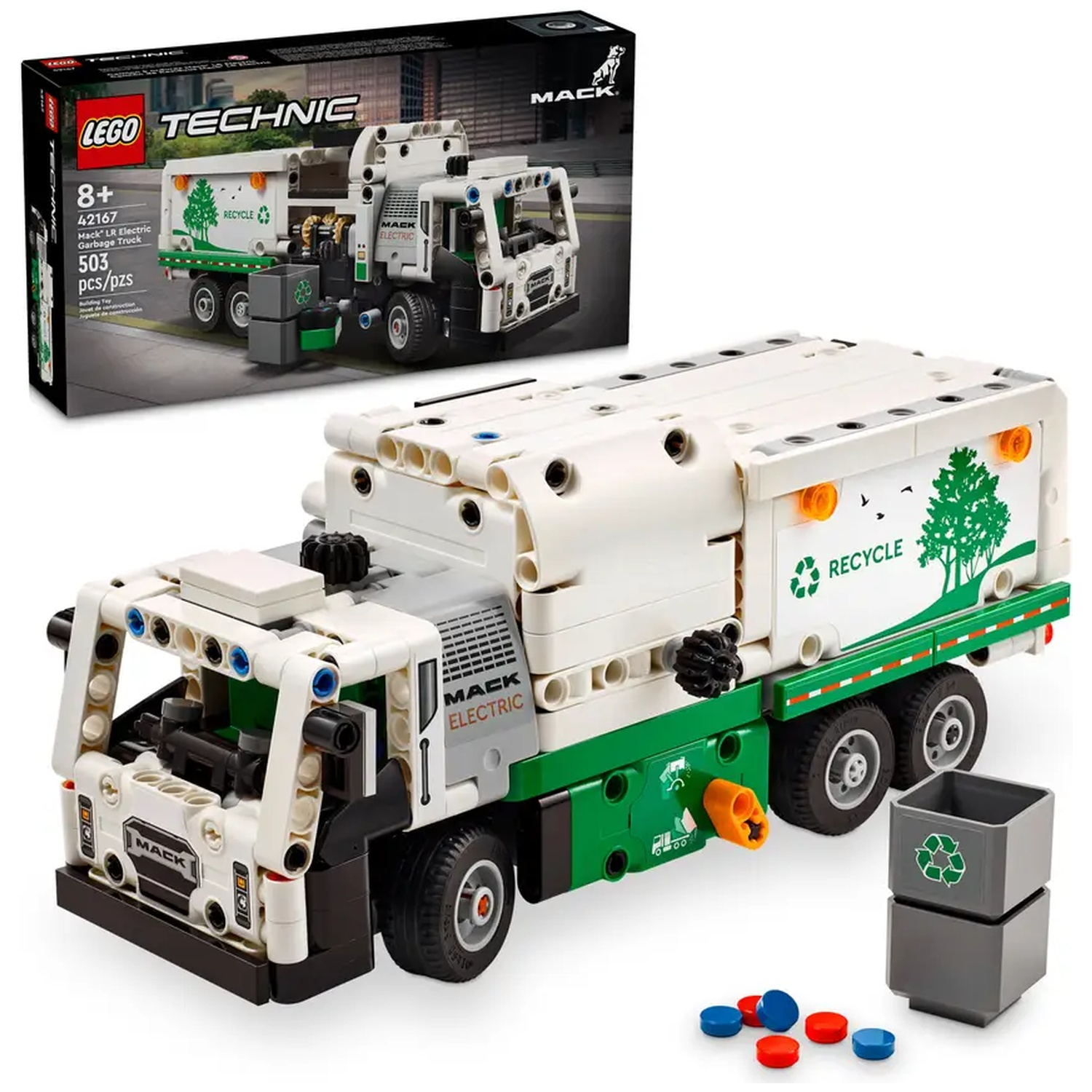 A Lego Technic Mack LR Electric Garbage Truck set, white and green with a recycle logo, and a box with the same image.