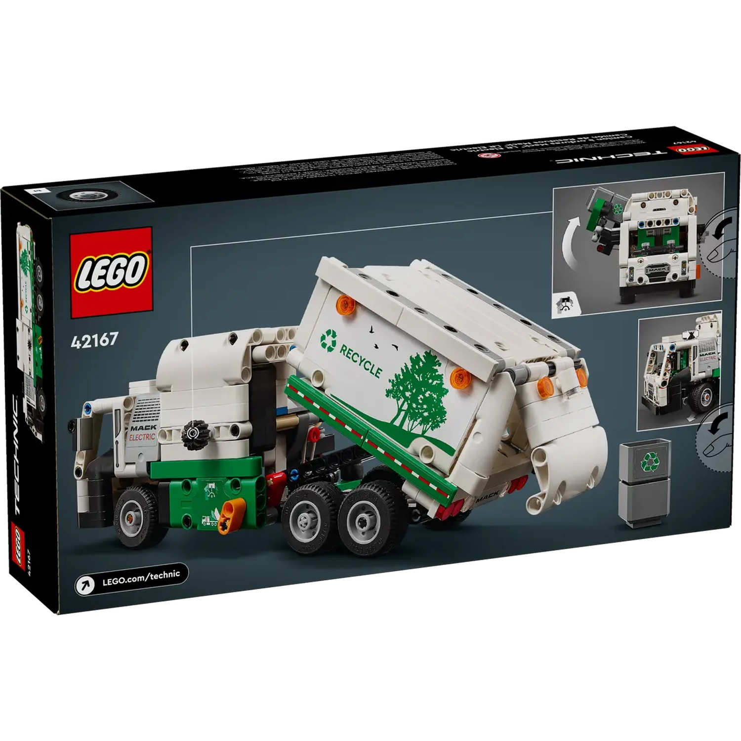 A Lego Technic set box. The set features a white and green Mack electric garbage truck with a recycling logo.