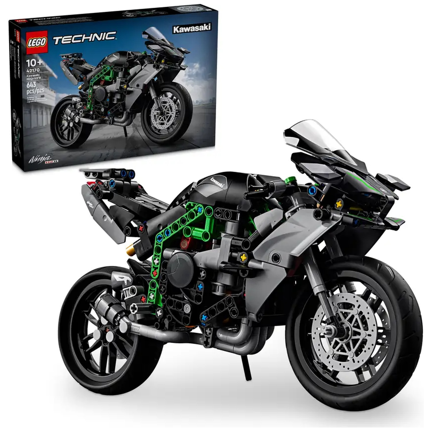Een Lego Technic Kawasaki Ninja H2R motorfietsmodel. Zwarte, grijze en groene onderdelen zijn zichtbaar, samen met de doos met het afgewerkte model.