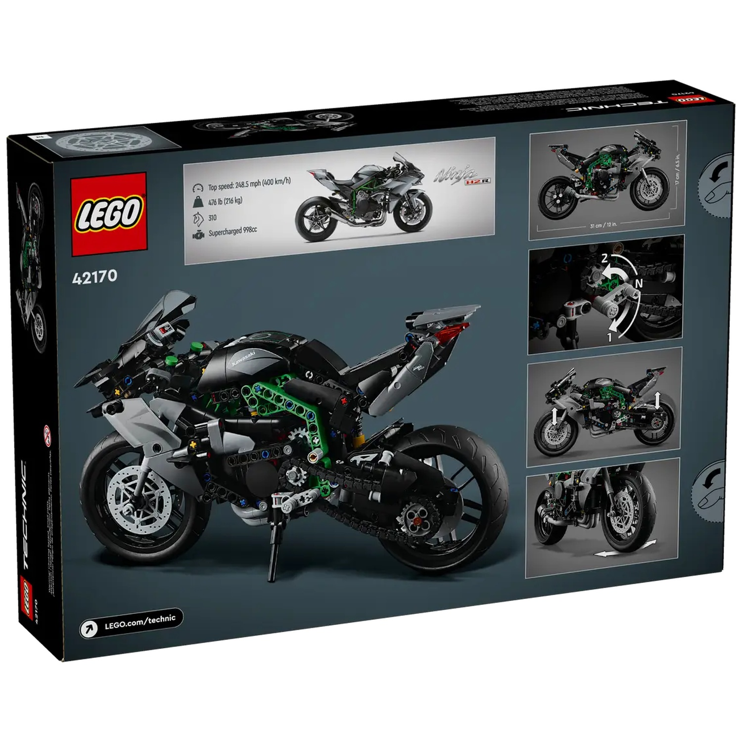 Een Lego-doos toont een zwart motorfietsmodel. Het bevat details van het model, waaronder de topsnelheid en het gewicht, en andere afbeeldingen.