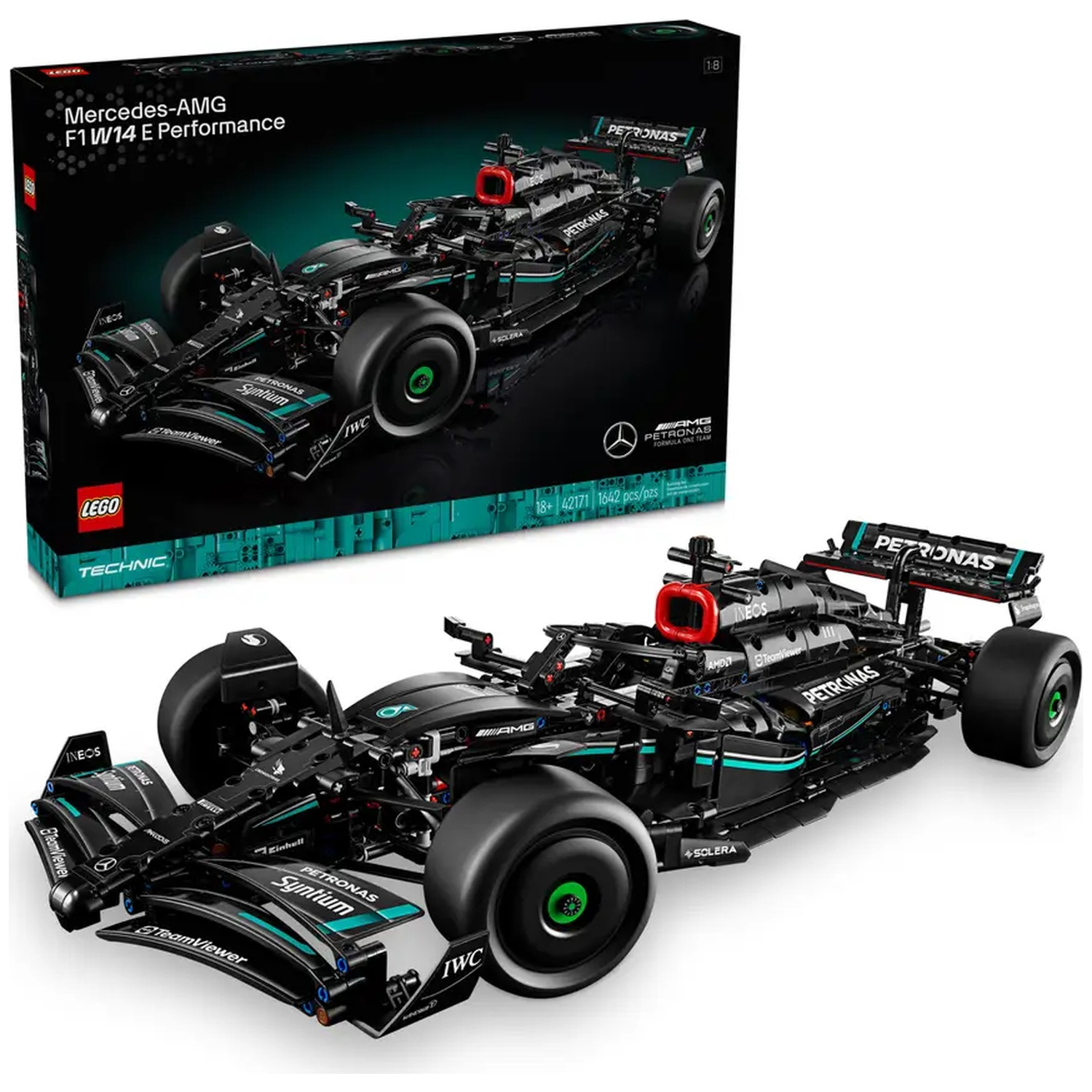 Une voiture modèle Lego Technic Mercedes-AMG F1 W14 E Performance avec sa boîte. La voiture est noire, la boîte est noire et verte.