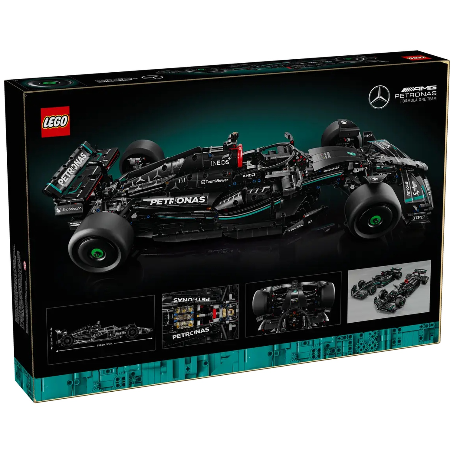 Une boîte Lego montre un modèle de voiture de Formule 1 noire. Elle comporte des logos de sponsors et le logo Lego. La boîte est noire et sarcelle.