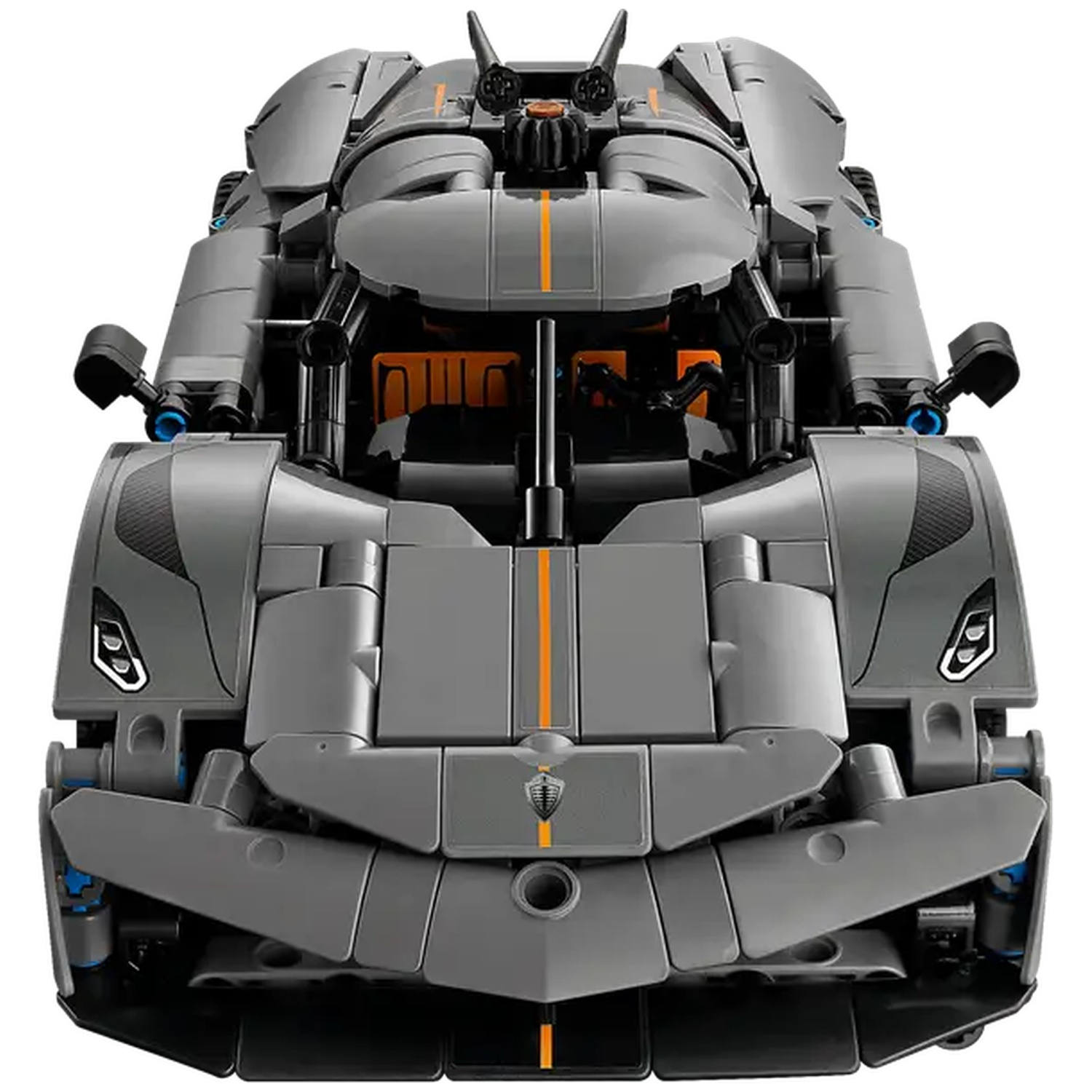 A gray Lego sports car model. It has orange stripes, black details, and a small badge. The background is white.