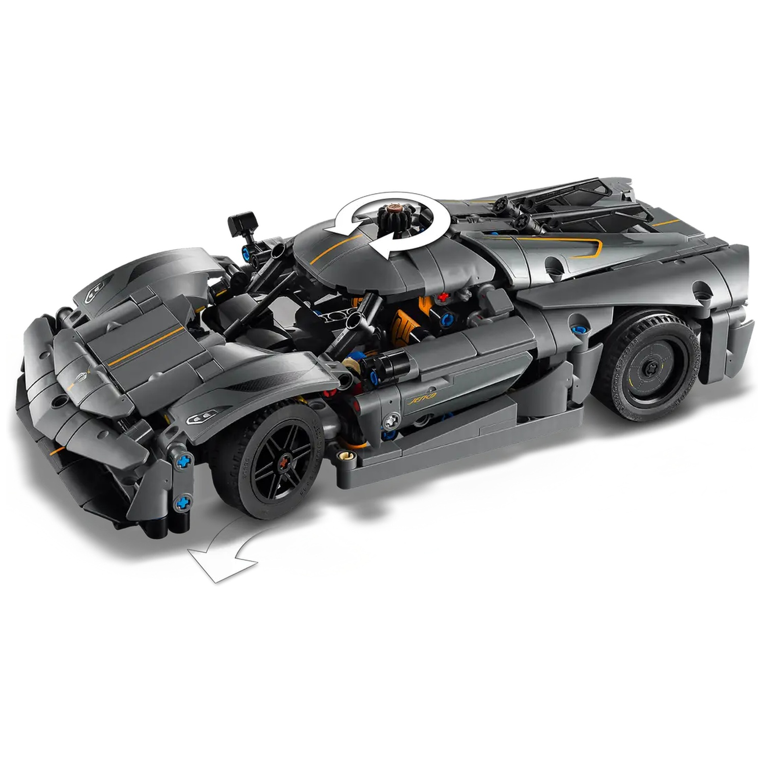 A gray Lego Technic car model with black wheels, arrows indicating directions, and a white background.