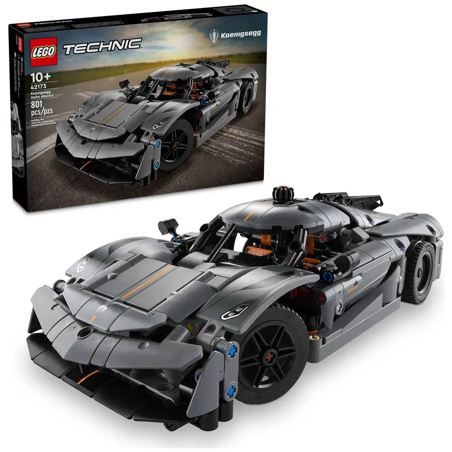 A Lego Technic Koenigsegg Jesko Absolut car model in gray. The box shows the car on a track. The car has black wheels and orange accents.