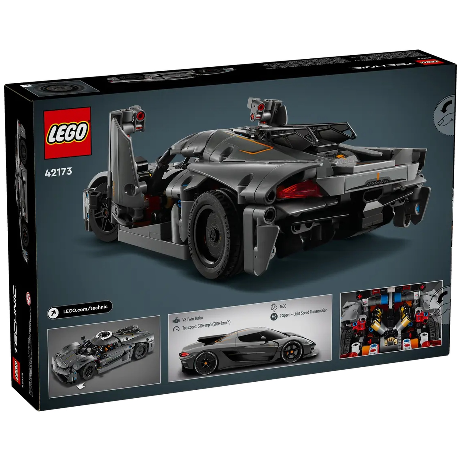 The back of a Lego Technic car box. The car is gray, with details in black and orange.  It shows a V8 Twin Turbo engine.