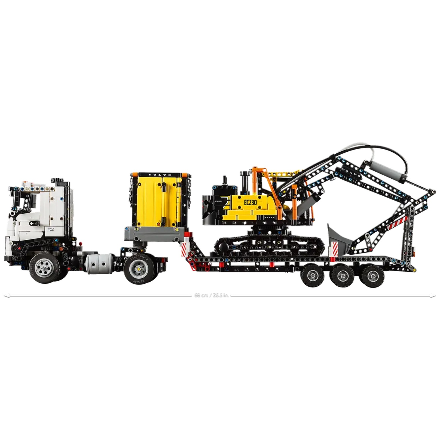 A Lego Technic truck pulling a trailer with a yellow and black excavator. The truck is white, the excavator is black and yellow.